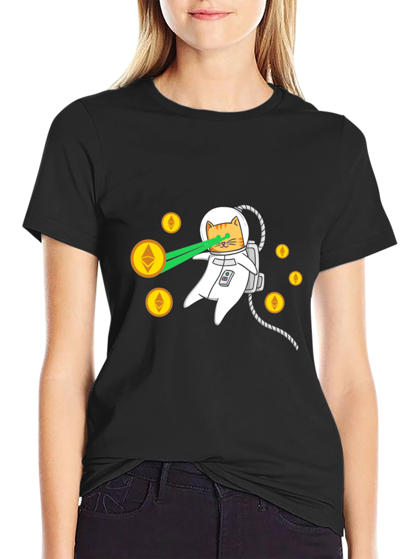 Black Astronaut Cat Laser Eyes Ethereum Crypto Black T-Shirt view 2