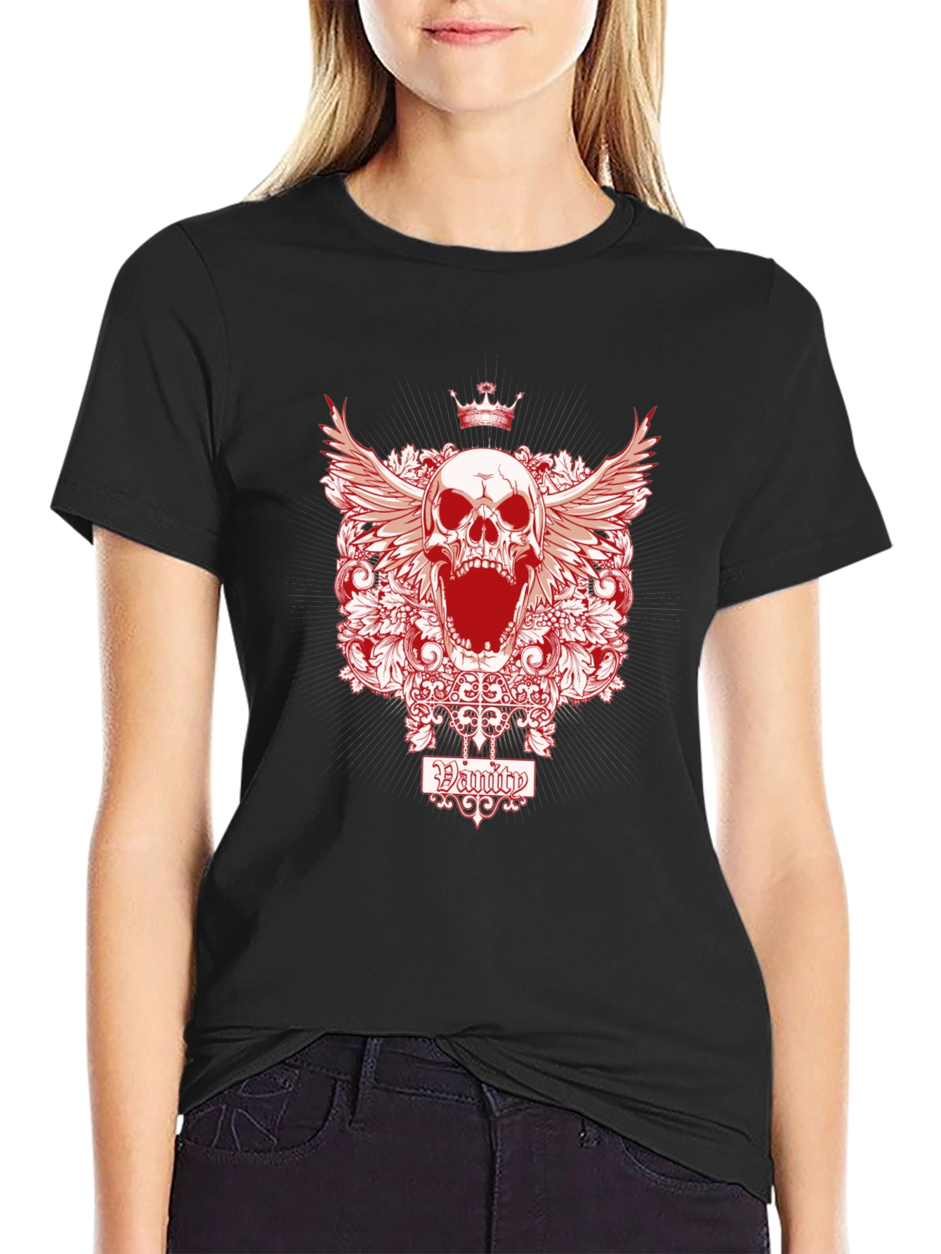 Black Skull with Crown Graphic Print T-Shirt view 2
