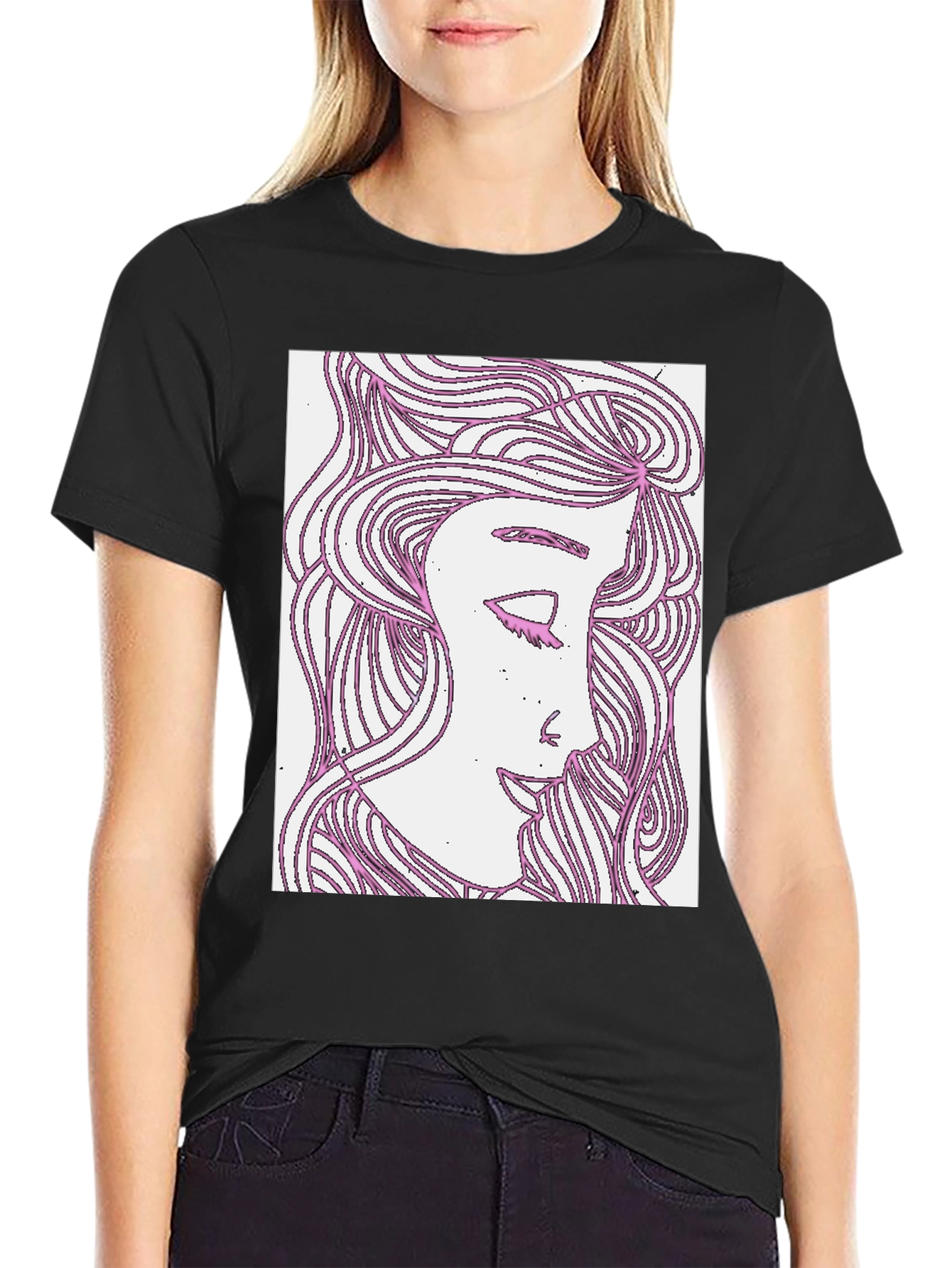 Black Abstract Woman Graphic Tee - Black Cotton T-Shirt view 2