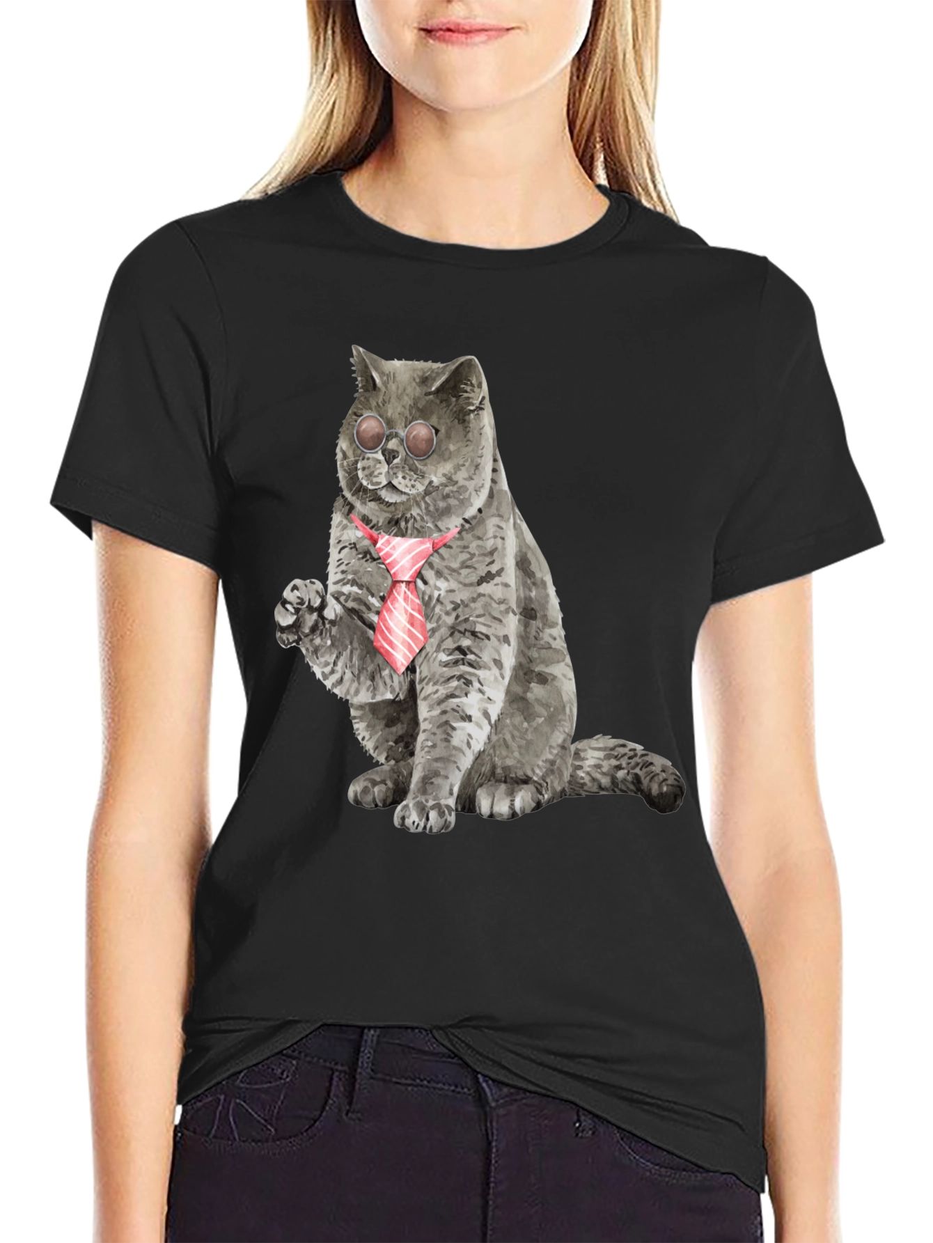 Black Cool Cat Tee - Cat with Tie & Shades view 2