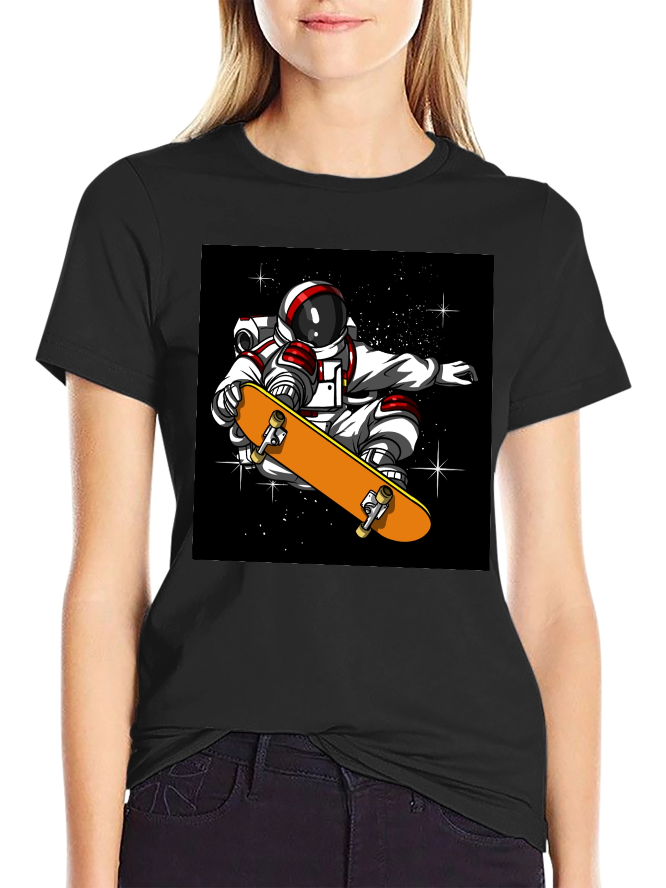 Black Skateboarding Astronaut T-Shirt - Cool Space Design view 2
