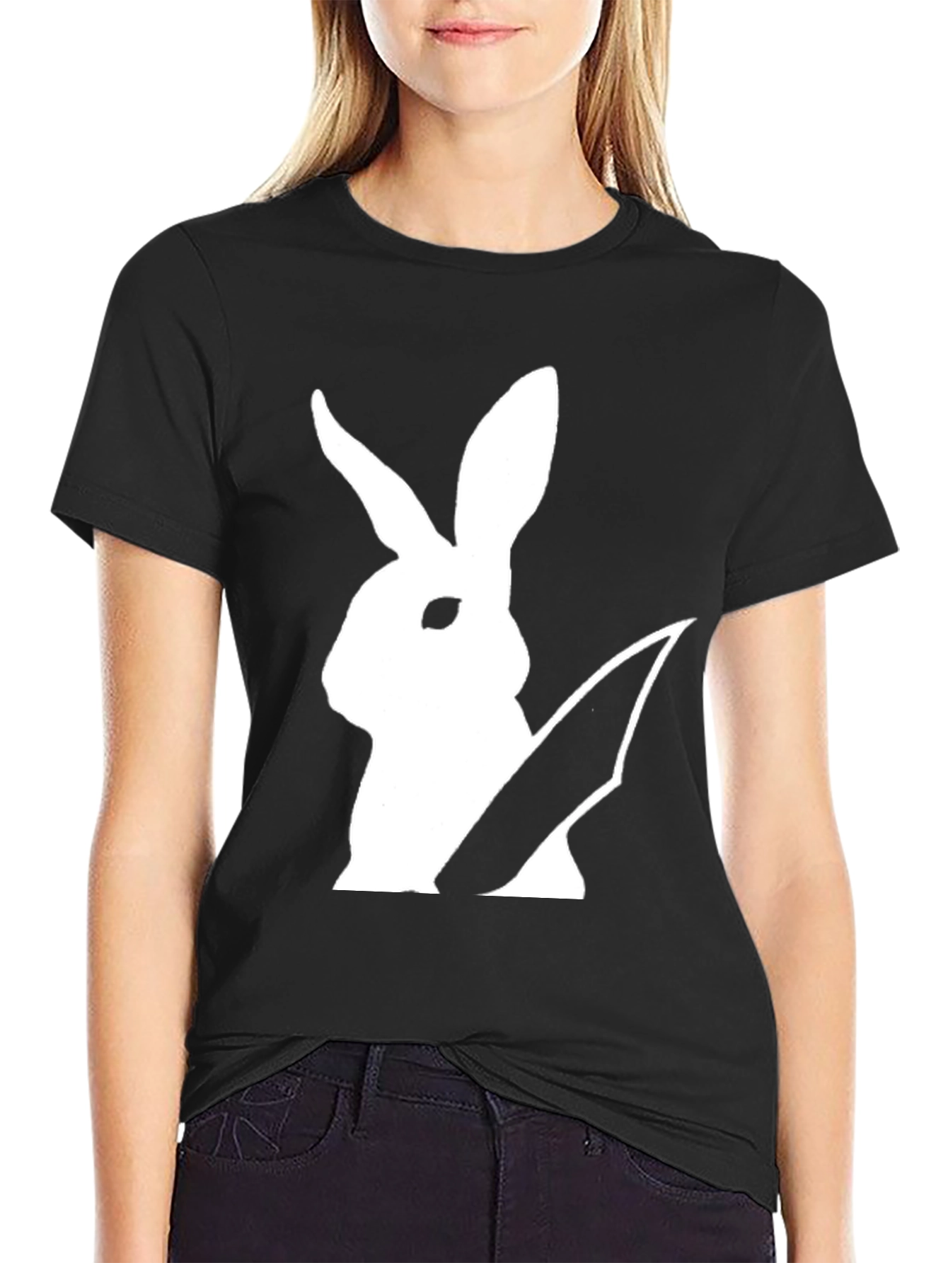 Black Rabbit With Knife Graphic Tee - Black Cotton T-Shirt view 2