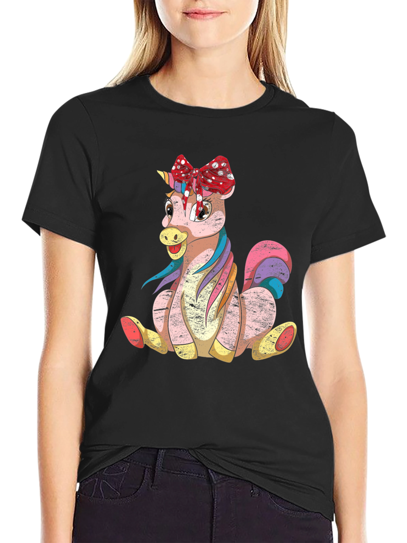 Black Cute Cartoon Unicorn T-Shirt view 2