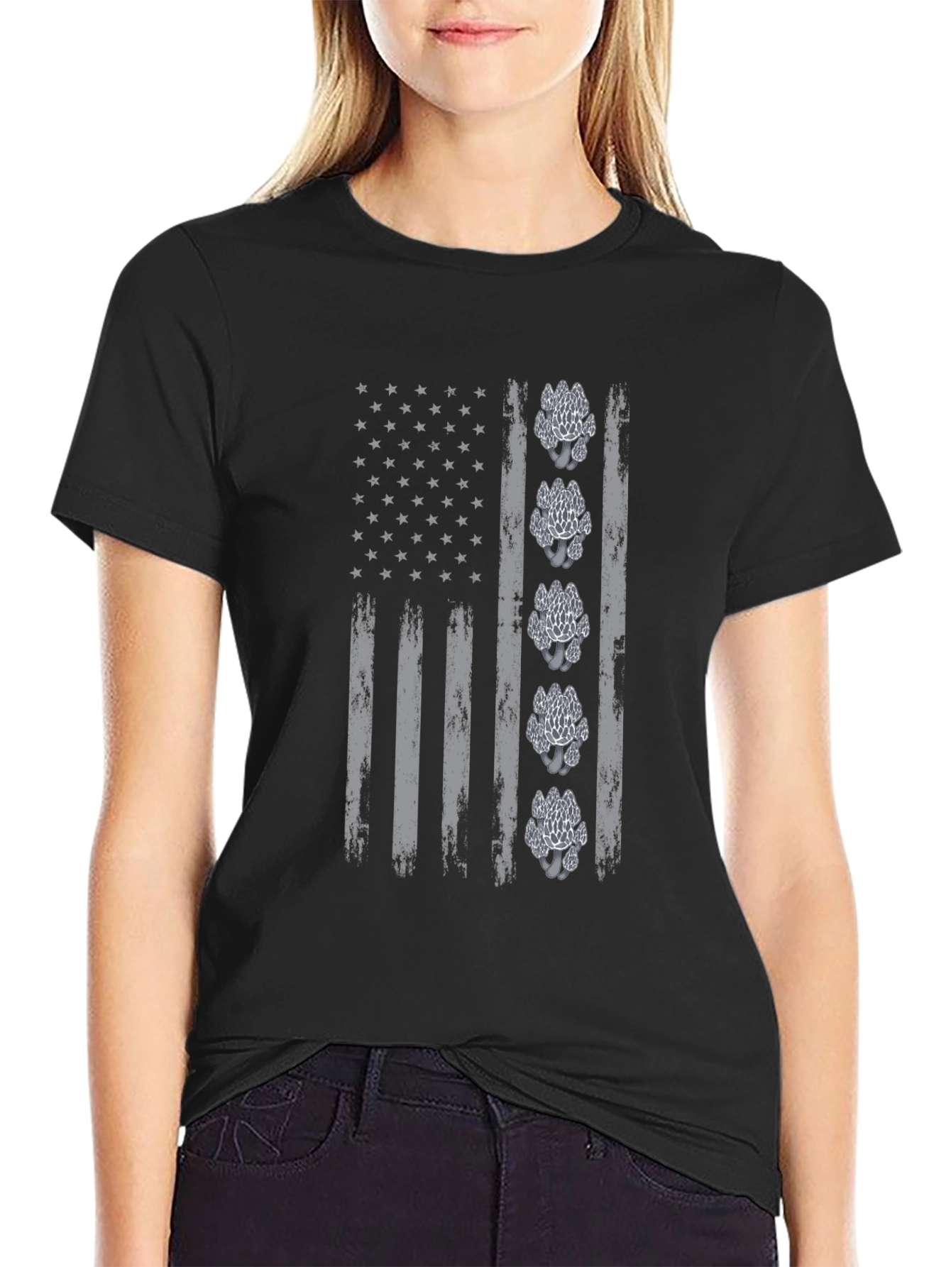 Black Distressed Flag Mushroom Graphic Tee view 2
