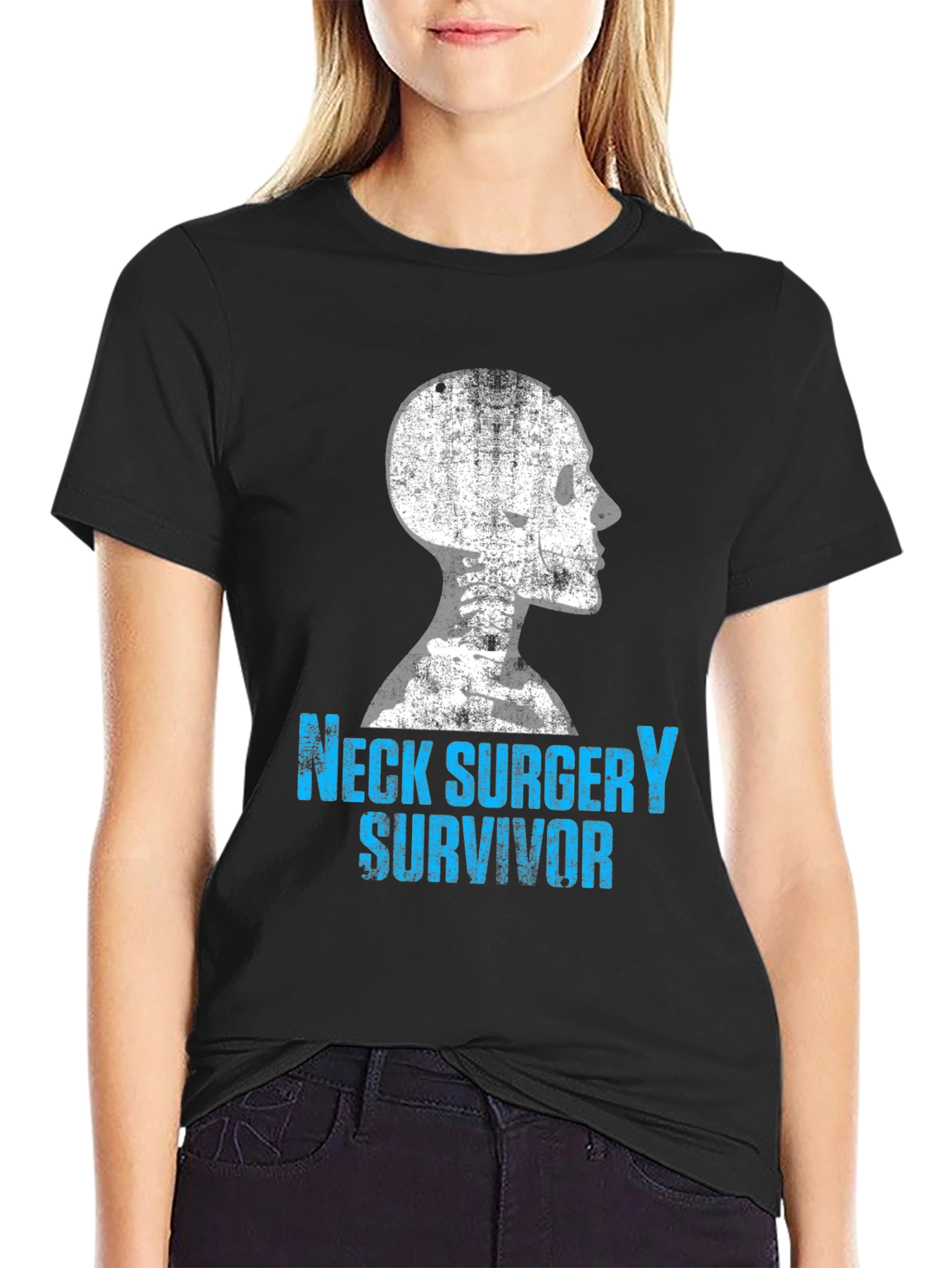 Black Neck Surgery Survivor T-Shirt - Bone Skeleton Design view 2