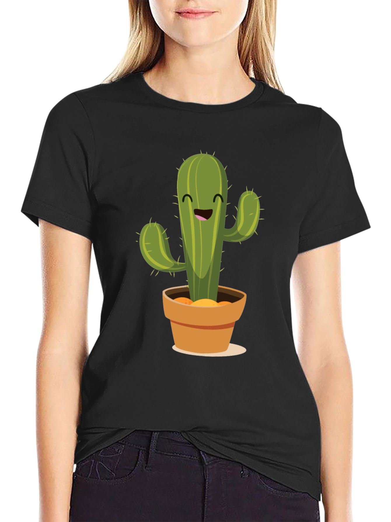 Cute Cactus Graphic Tee - Black Cotton T-Shirt - 2