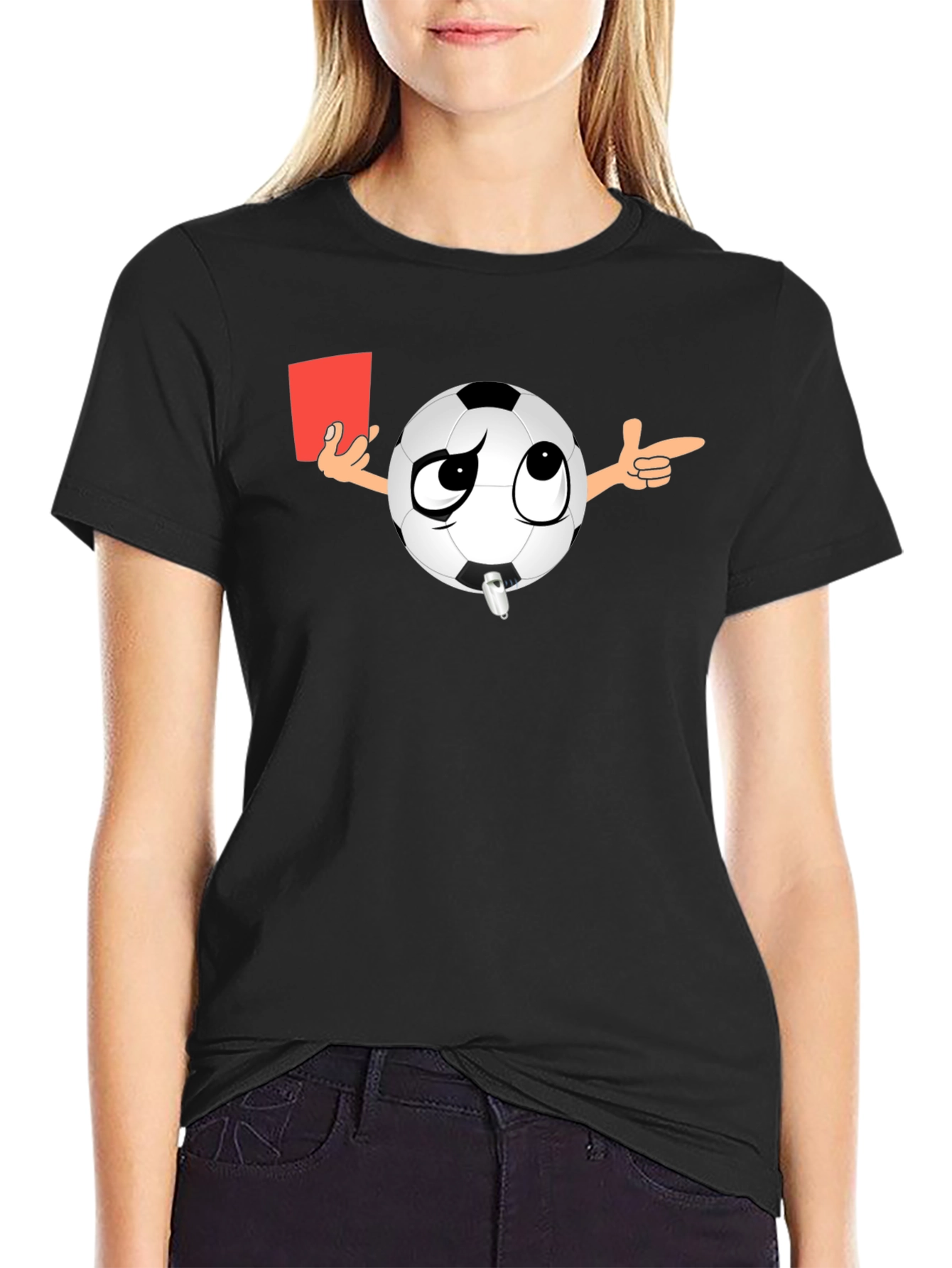 Black Soccer Referee T-Shirt - Funny Cartoon Ball with Red Card view 2