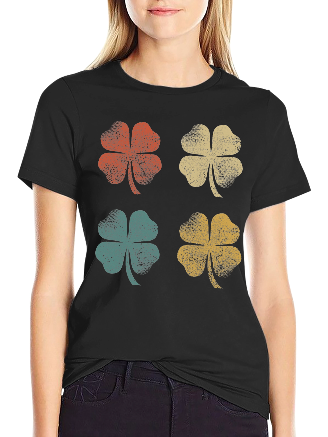 Black Retro Clover Graphic Tee - Lucky Four Leaf Shirt view 2