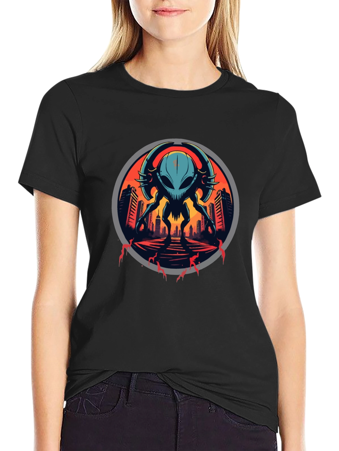Black Sci-Fi Alien Invasion Graphic T-Shirt view 2