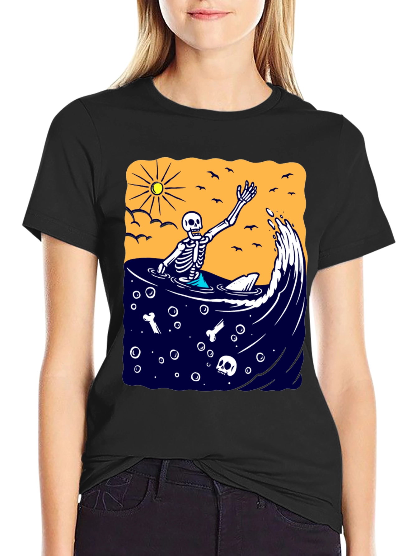 Black Skeleton Surfer T-Shirt - Beach Vibe Graphic Tee view 2