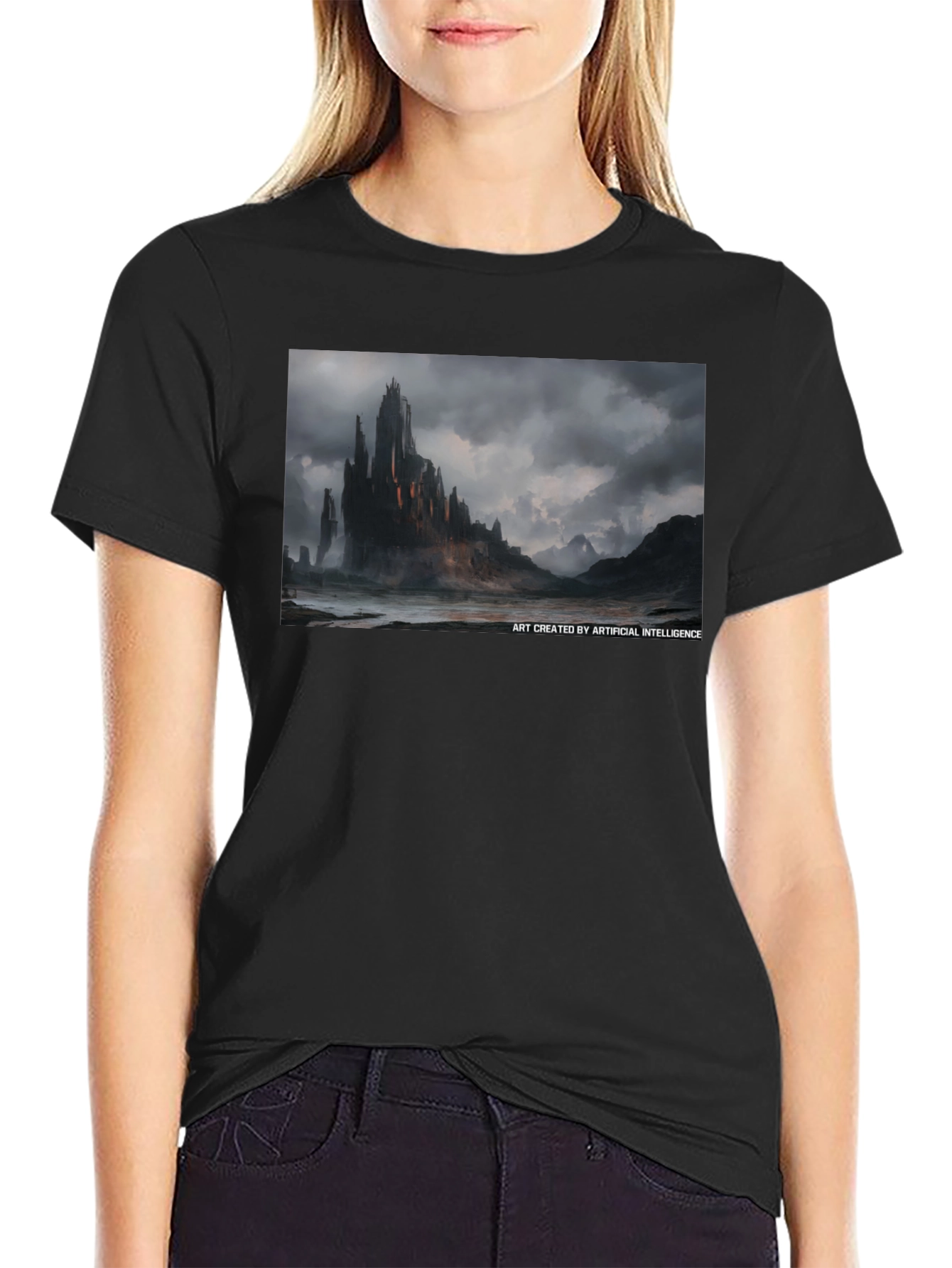 Black Dark Castle AI Art Black Tee - Unique Graphic T-Shirt view 2