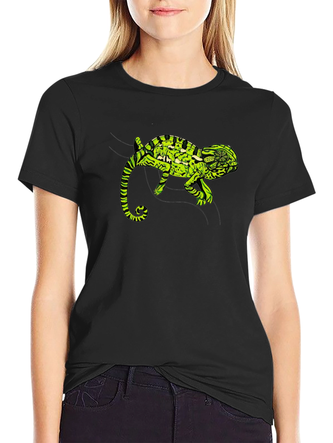 Black Black T-Shirt with Green Chameleon Graphic view 2