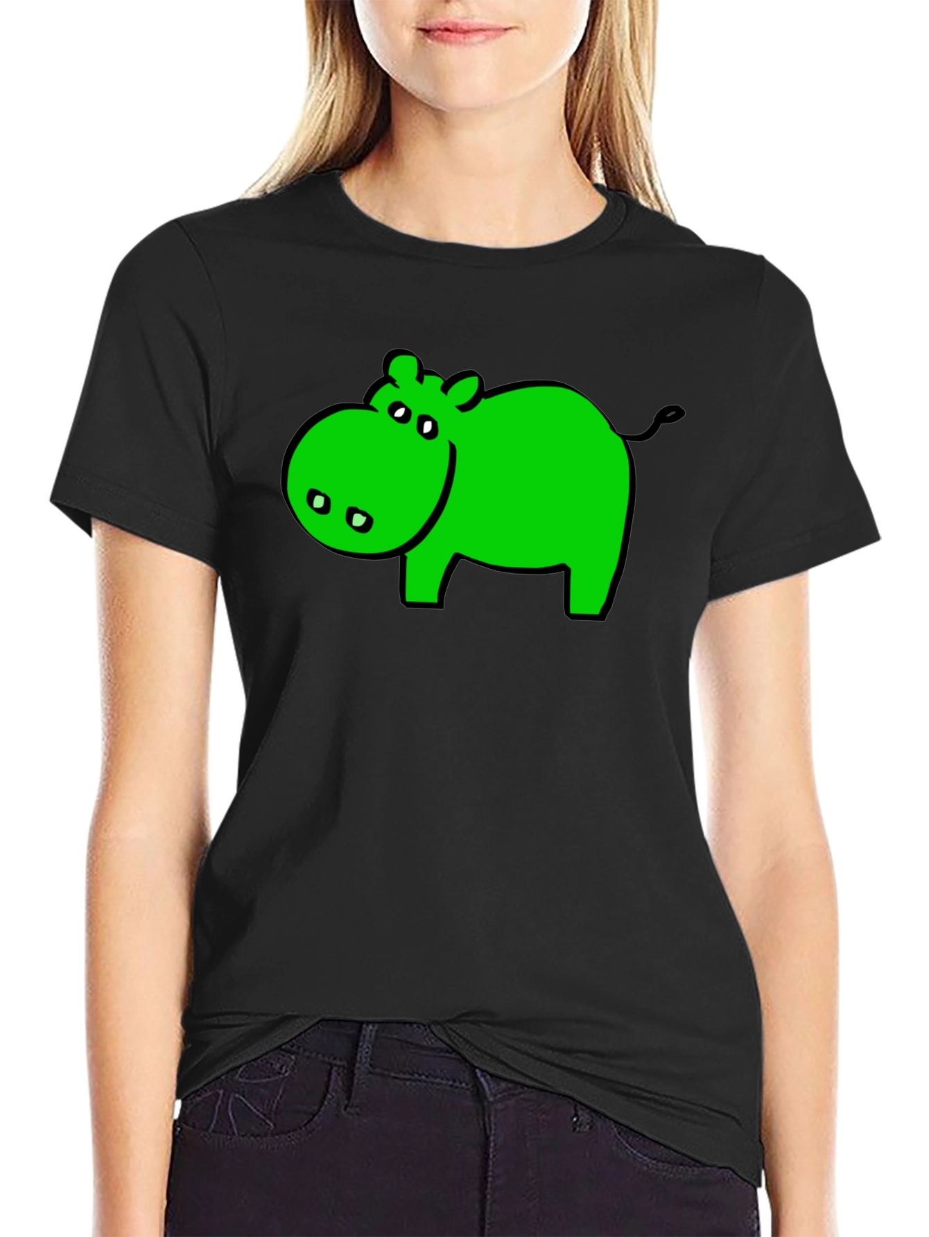 Black Green Hippo Graphic Black T-Shirt - Casual Wear view 2