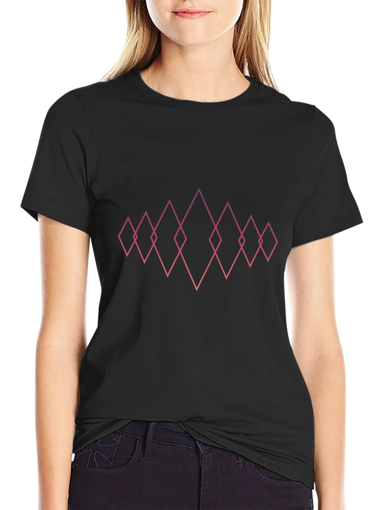 Black Geometric Diamond Design Black T-Shirt view 2