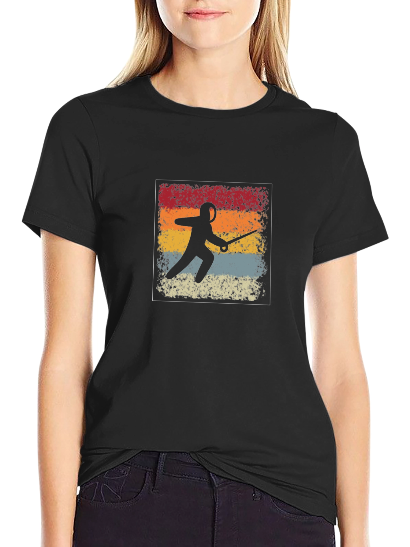 Black Retro Fencing Silhouette Graphic T-Shirt view 2