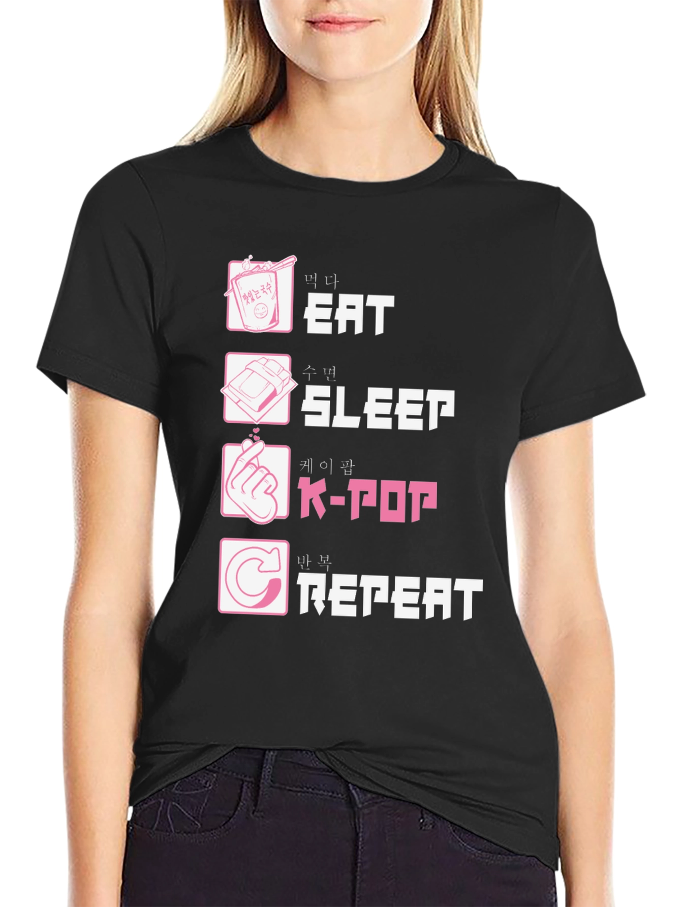 Black Eat Sleep K-Pop Repeat Black Graphic Tee view 2