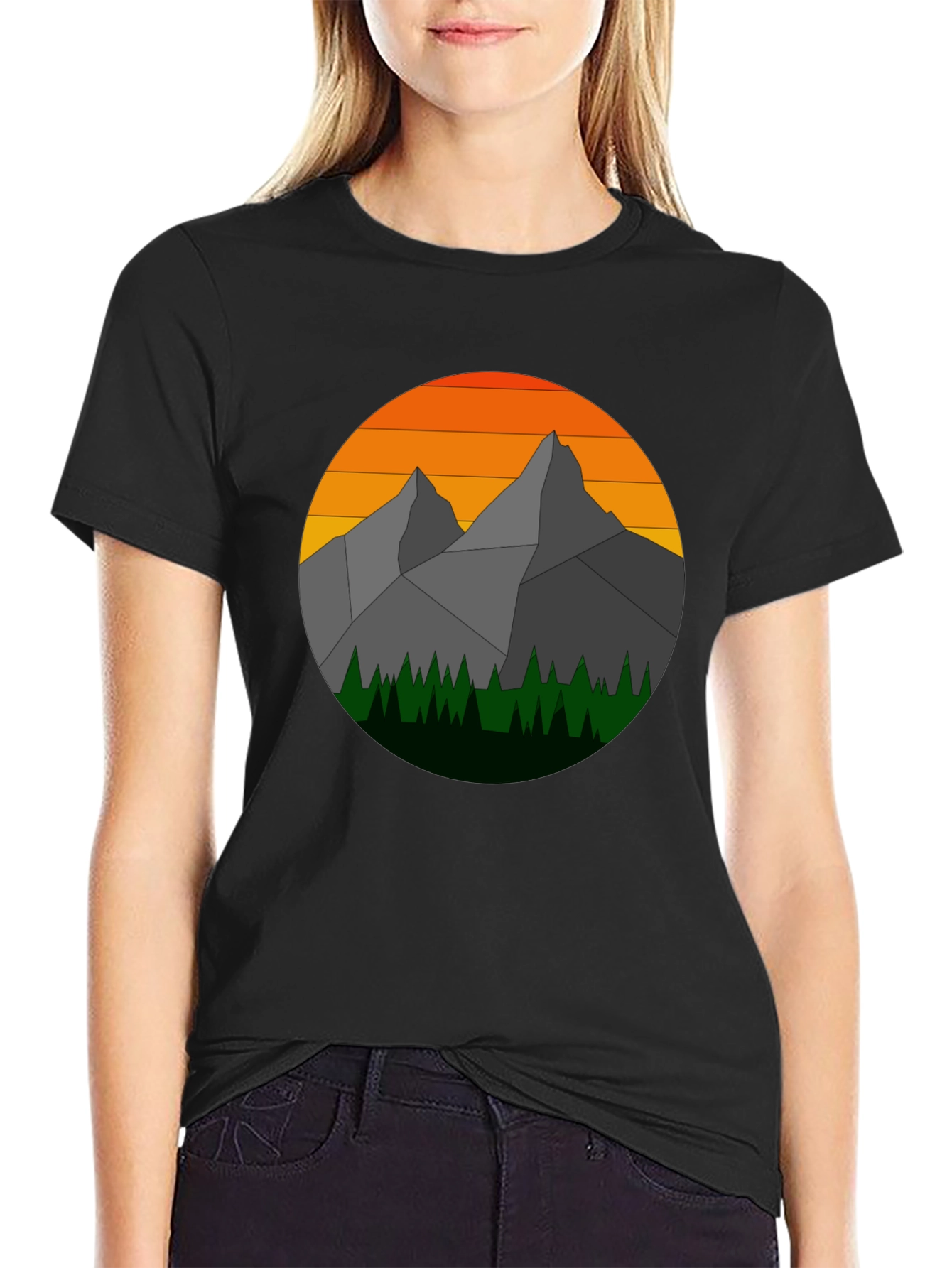 Black Geometric Mountain Sunset Graphic Tee view 2