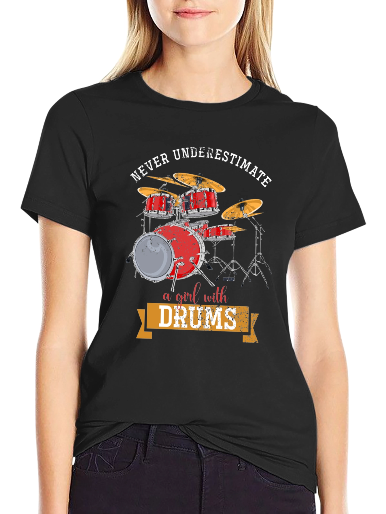 Black Never Underestimate a Girl with Drums T-Shirt view 2