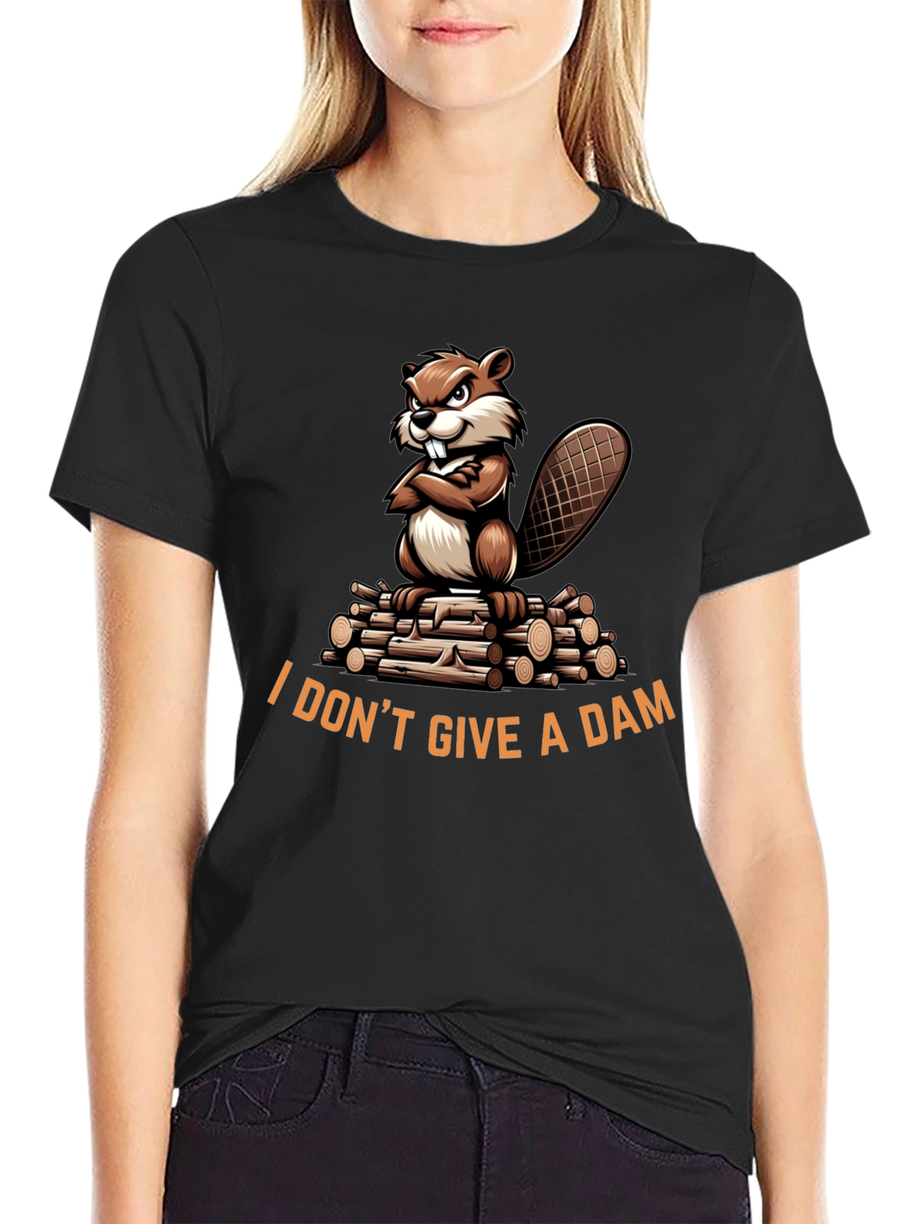 Black I Don't Give a Dam Beaver T-Shirt - Funny Animal Tee view 2