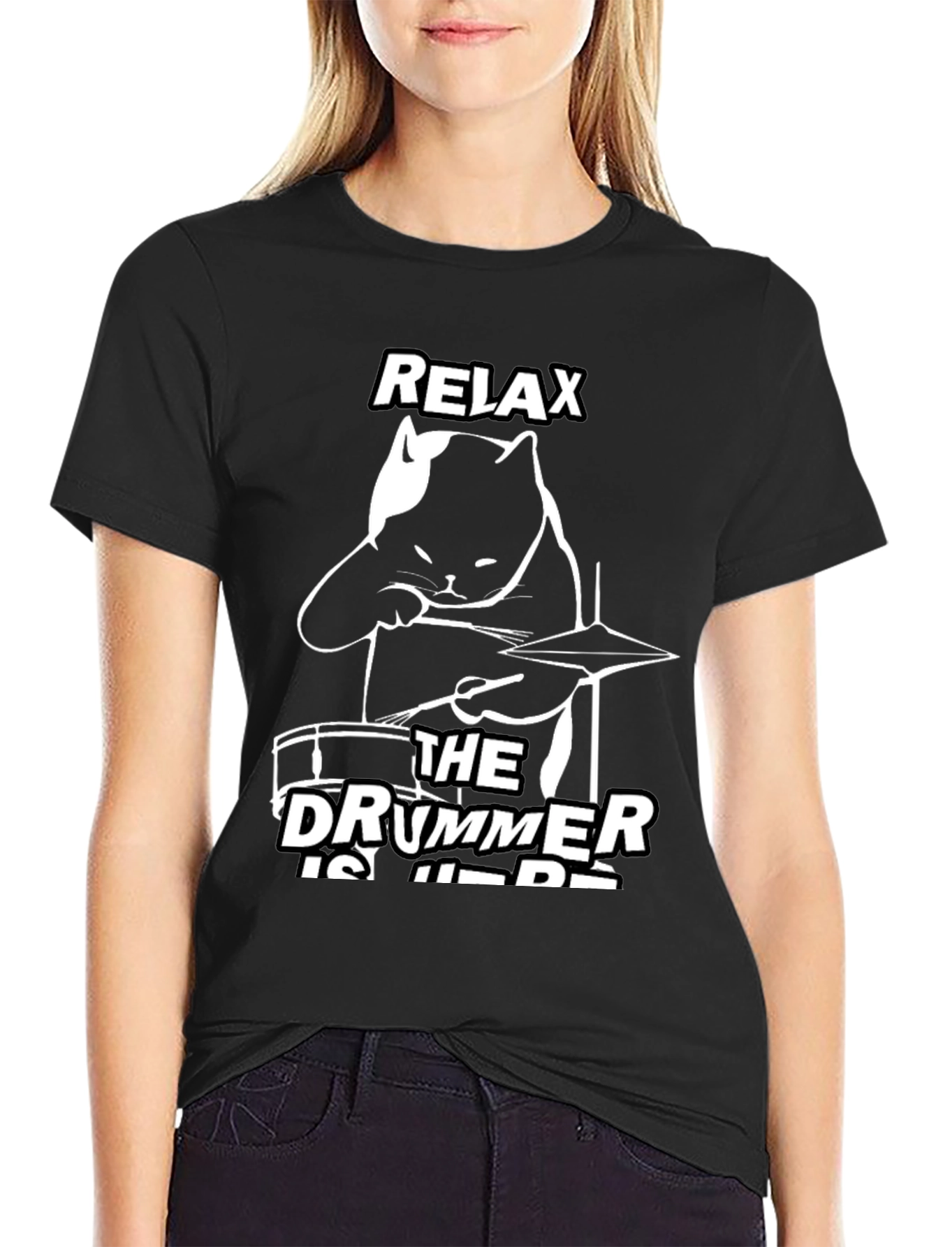 Black Relax The Drummer Is Here Black Cat T-Shirt view 2