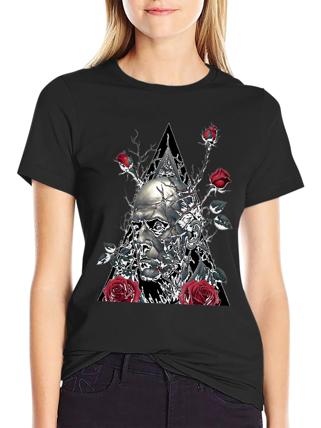 Black Skull & Roses Graphic Tee - Black view 2