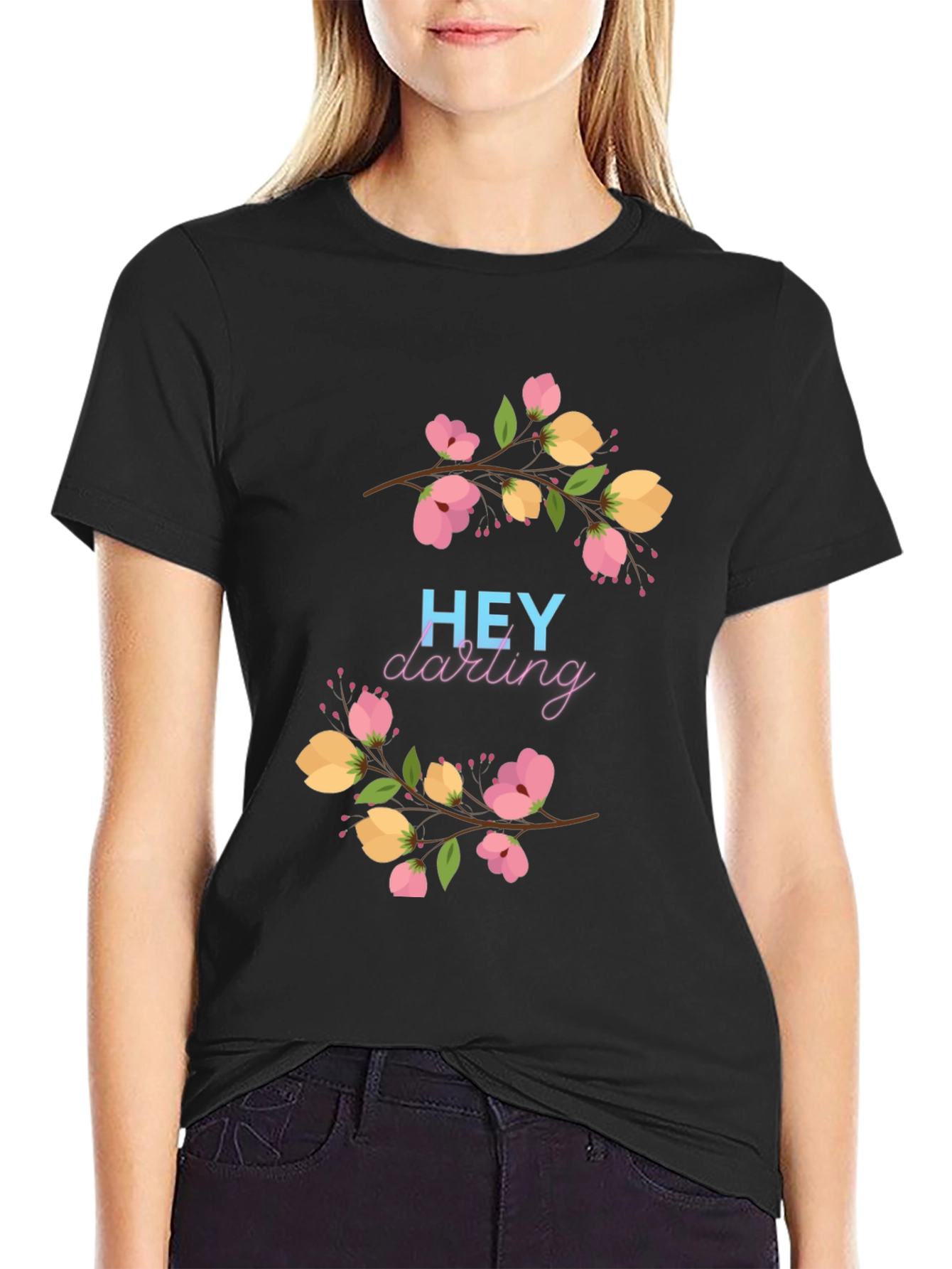 Black Hey Darling Floral Graphic Black T-Shirt view 2