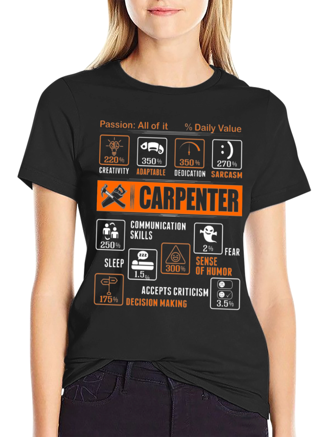Black Carpenter Humor T-Shirt - Daily Value Stats Design view 2