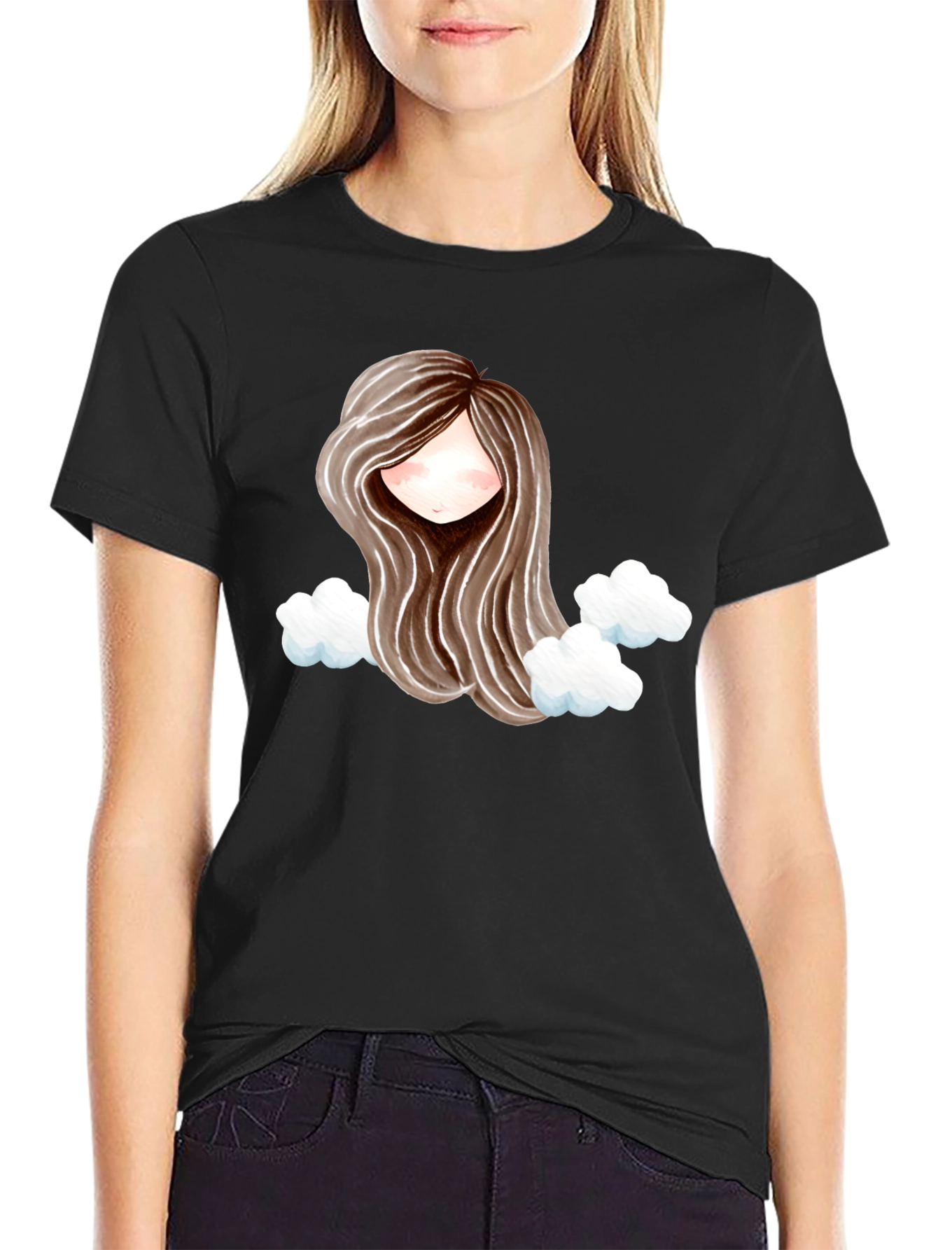 Black Whimsical Girl with Clouds Graphic Tee view 2