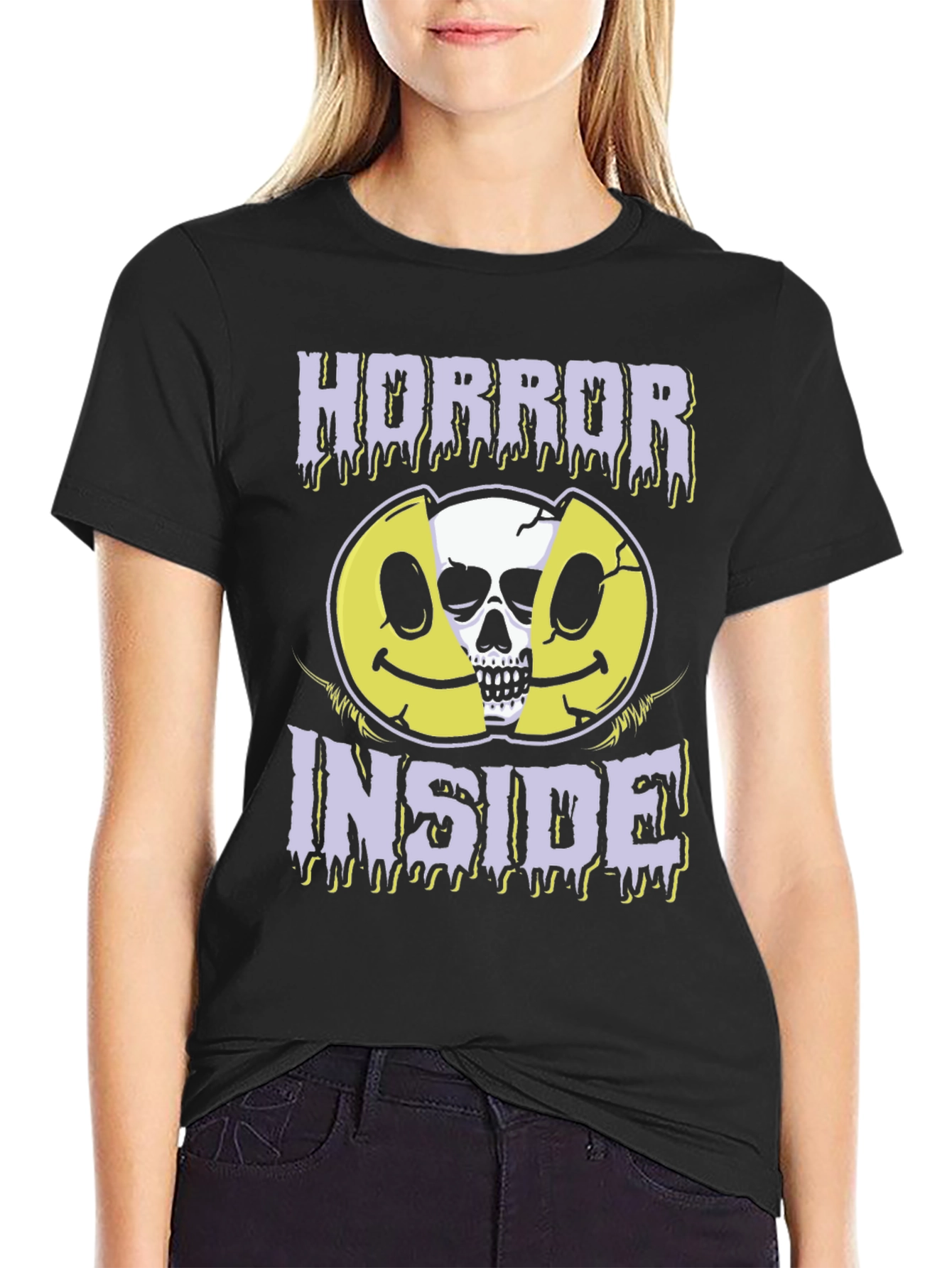 Black Horror Inside Graphic T-Shirt - Creepy Skull Smiley Face Tee view 2