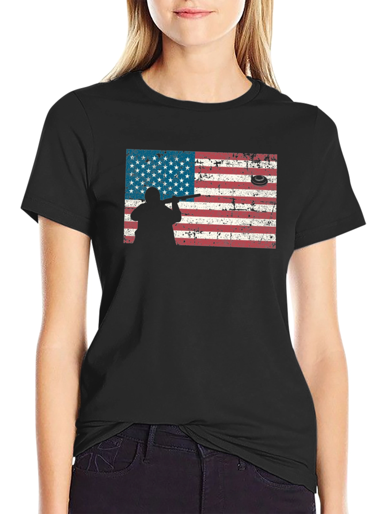 Black American Flag Skeet Shooting T-Shirt view 2