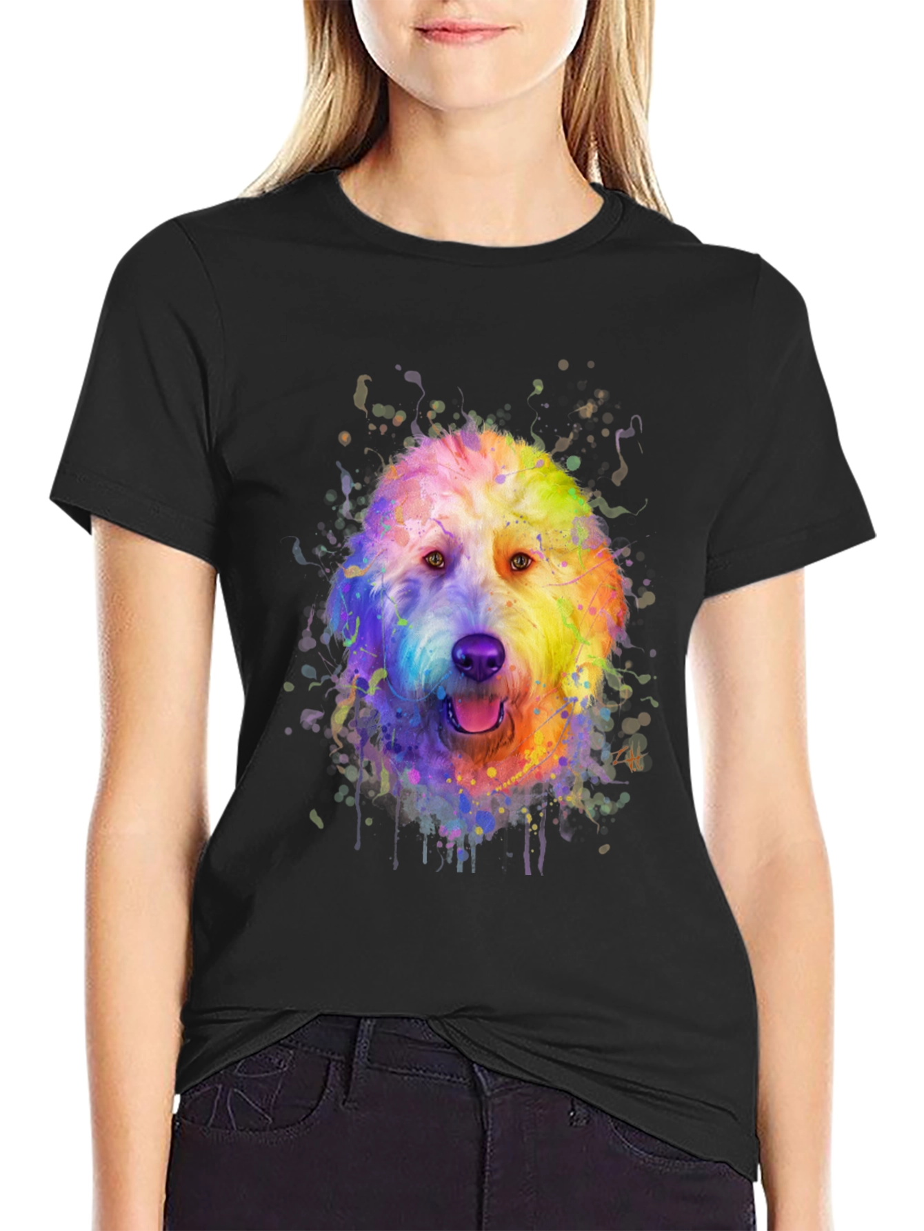 Black Rainbow Doodle Dog Graphic Tee - Black Cotton T-Shirt view 2