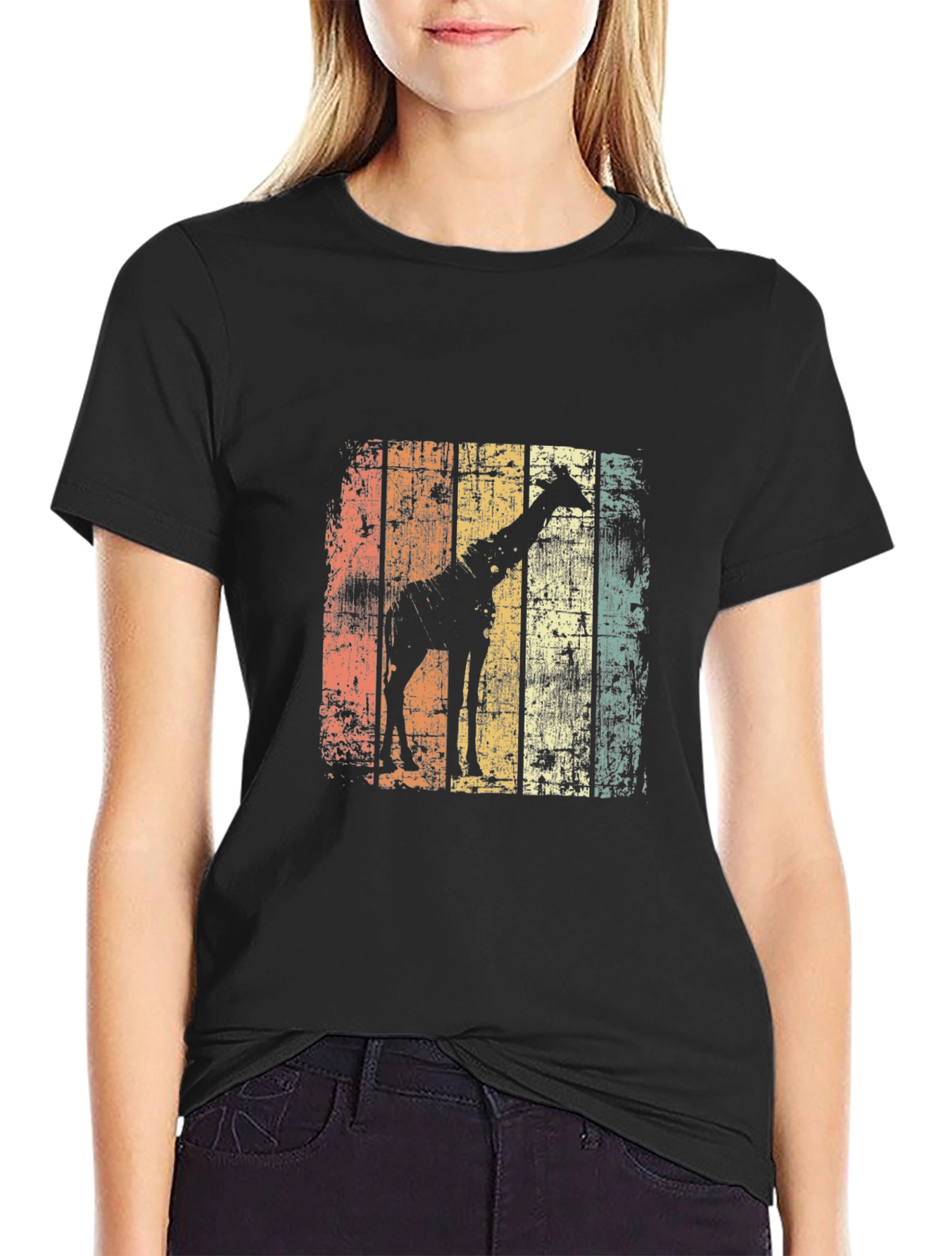 Black Giraffe Silhouette Distressed T-Shirt view 2