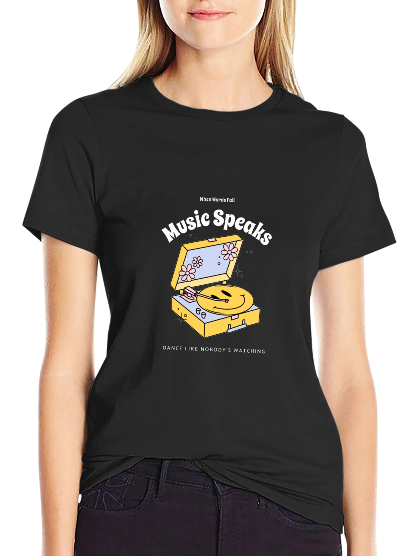 Black Music Speaks Graphic Tee - Black Cotton T-Shirt view 2