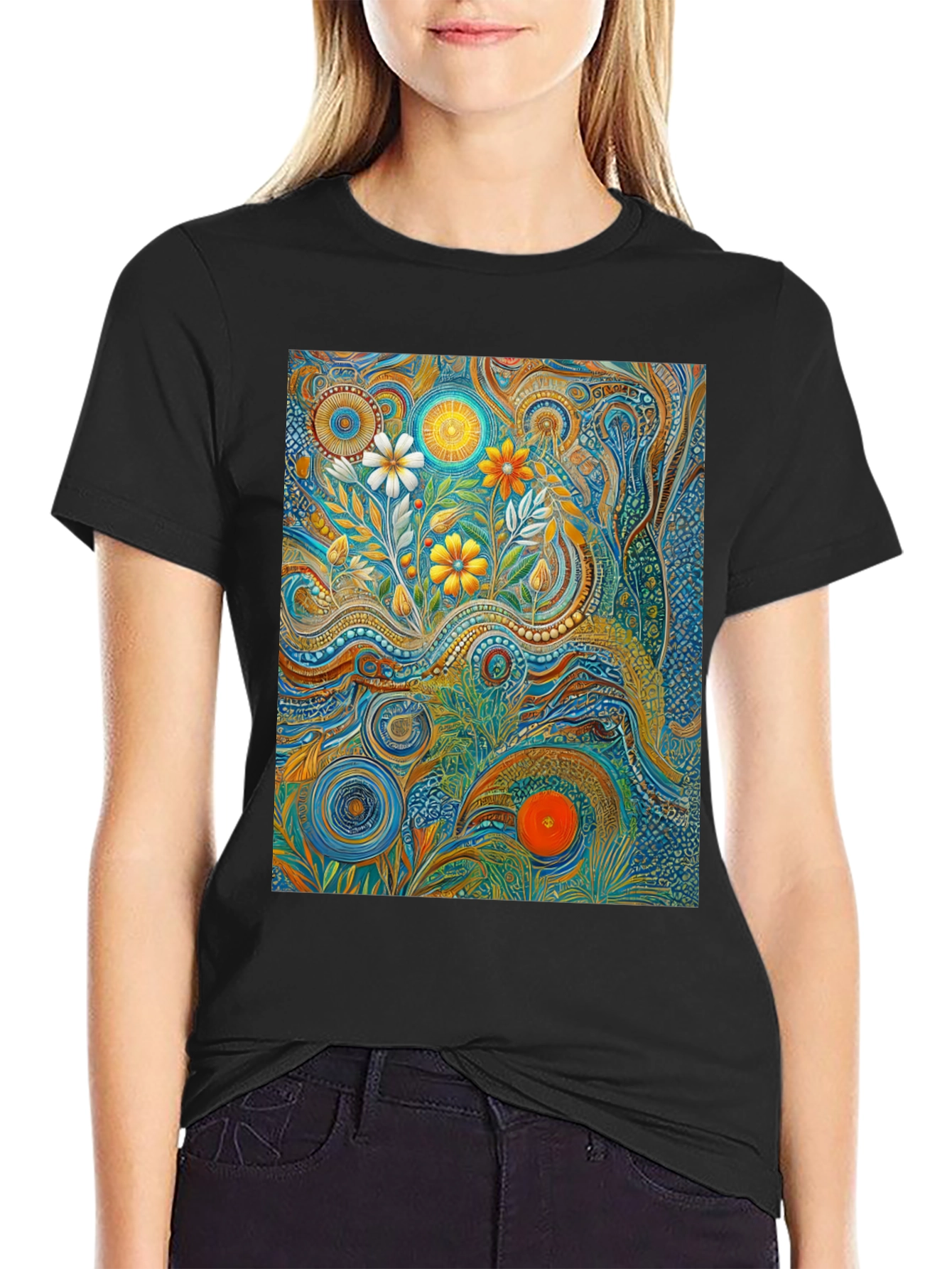 Black Psychedelic Floral Art T-Shirt view 2