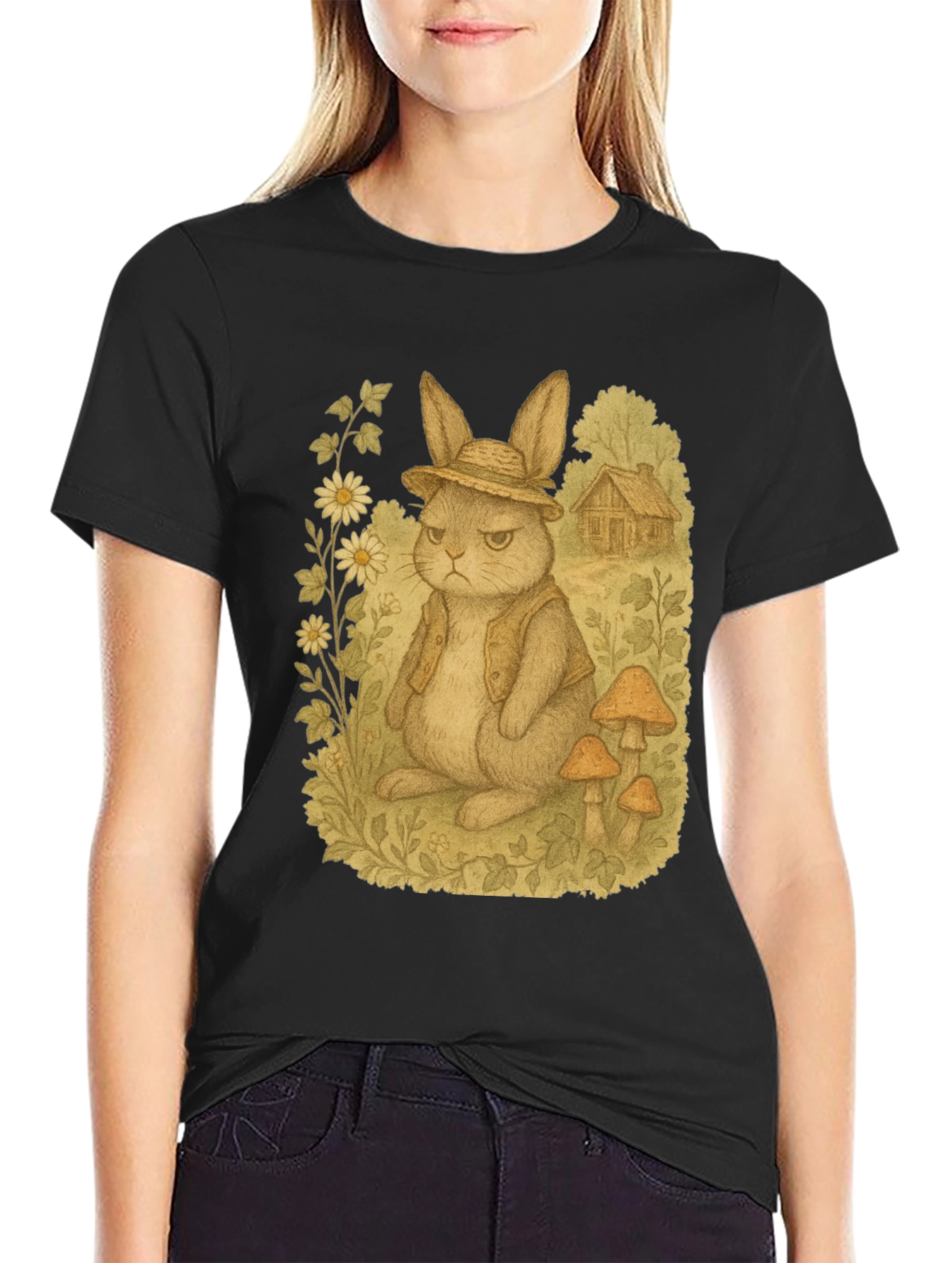 Black Grumpy Rabbit T-Shirt - Funny Animal Tee view 2