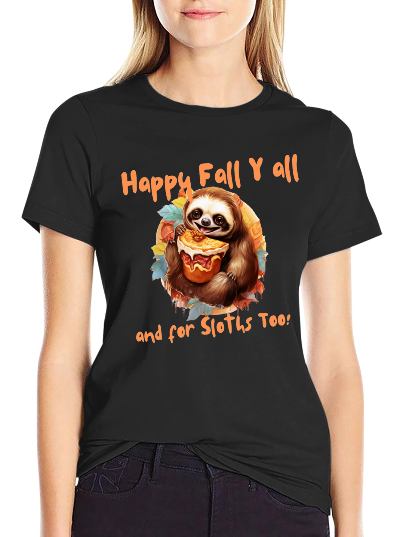 Black Happy Fall Y'all Sloth T-Shirt view 2