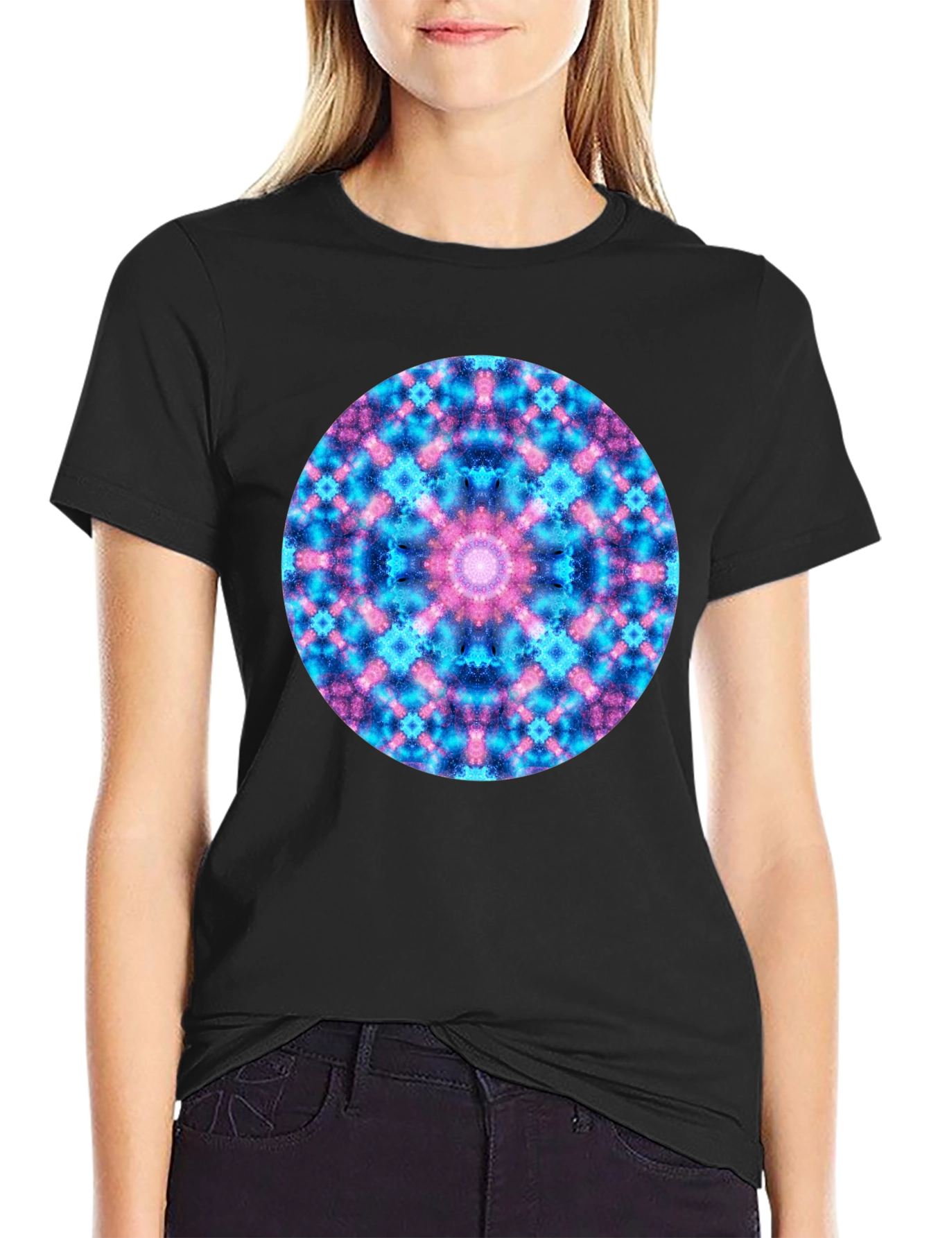 Black Cosmic Mandala T-Shirt - Colorful Geometric Design view 2