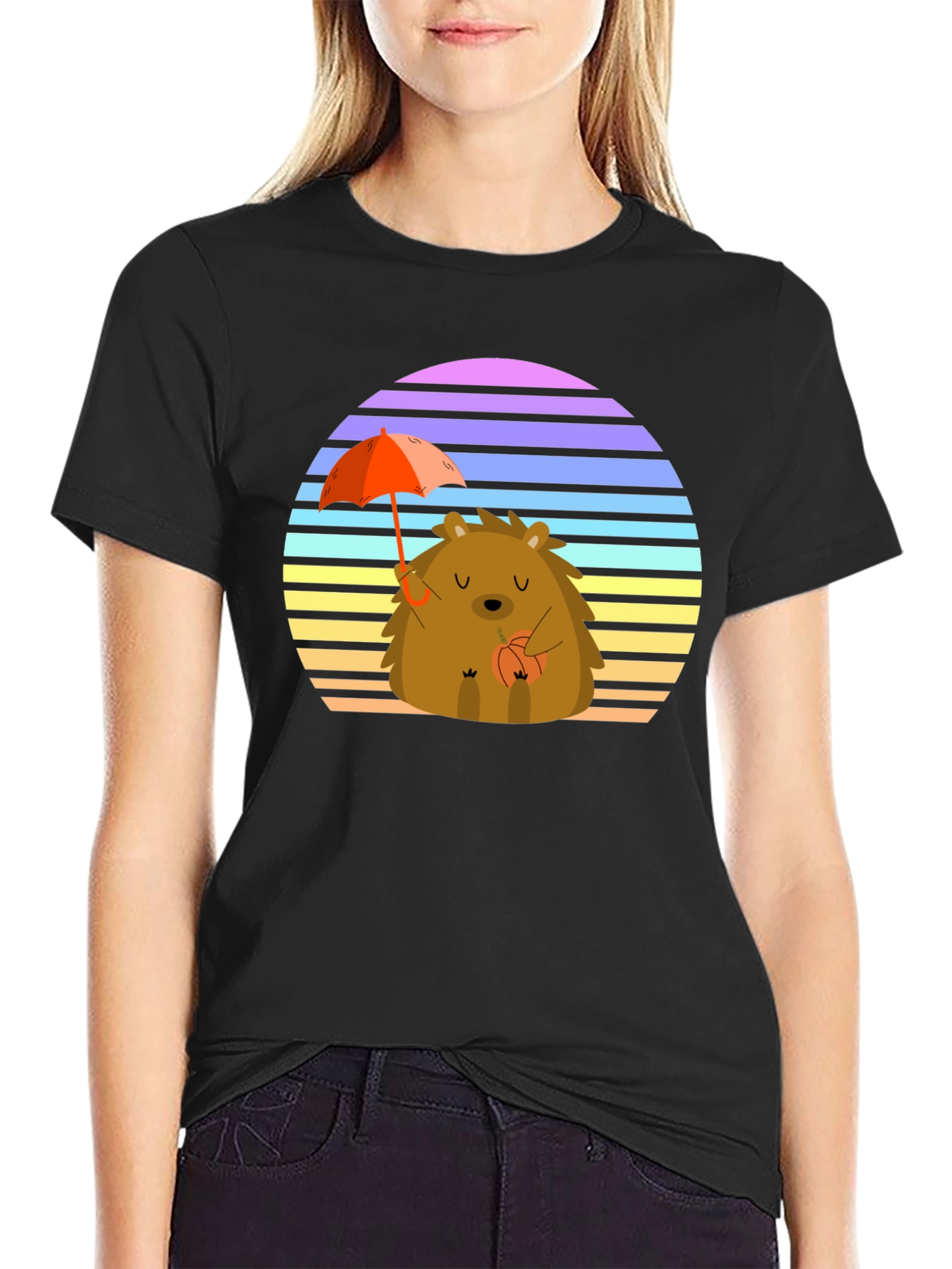 Black Cute Hedgehog T-Shirt with Retro Sunset Design view 2