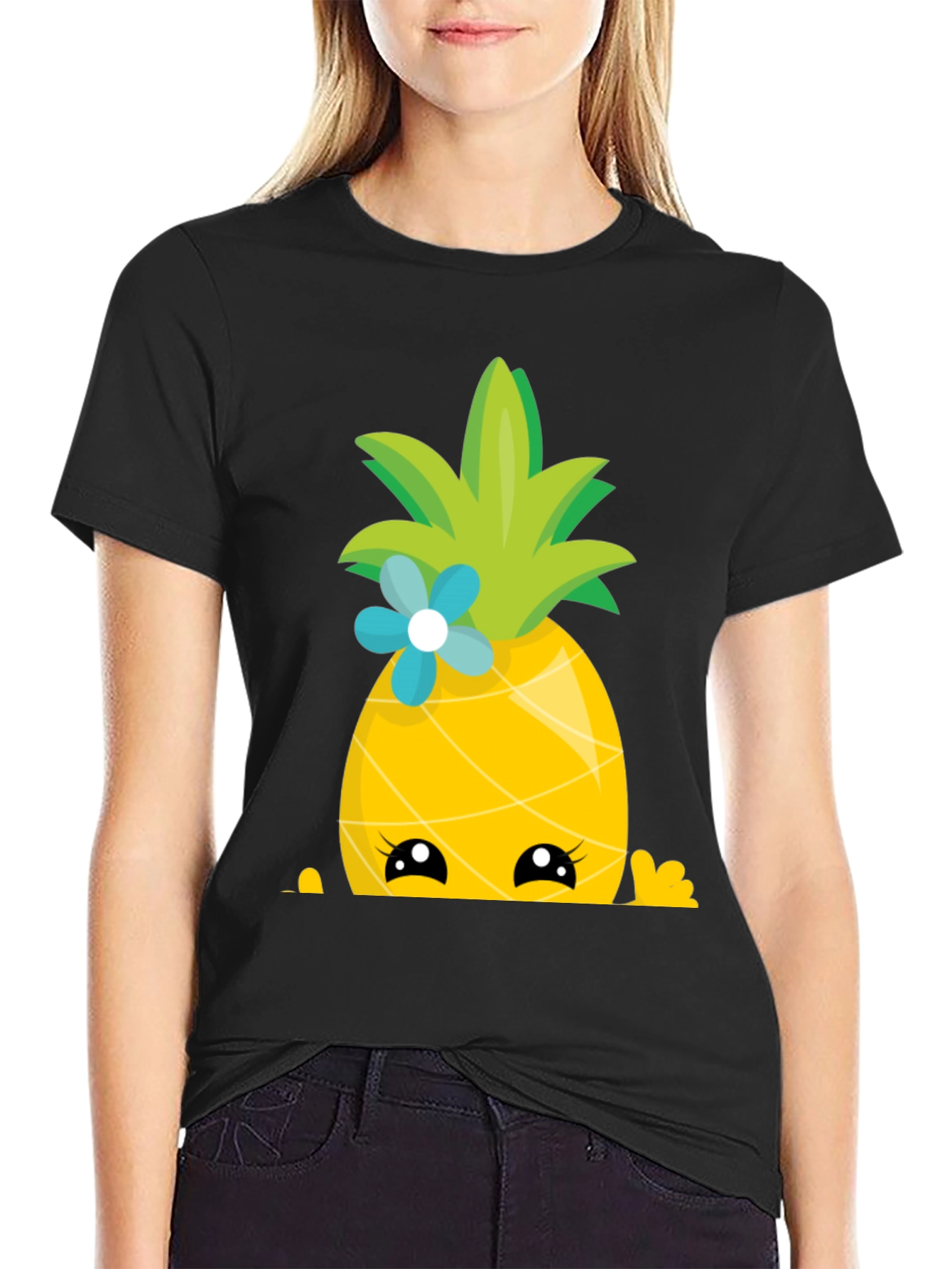 Black Cute Pineapple Peekaboo Graphic T-Shirt view 2