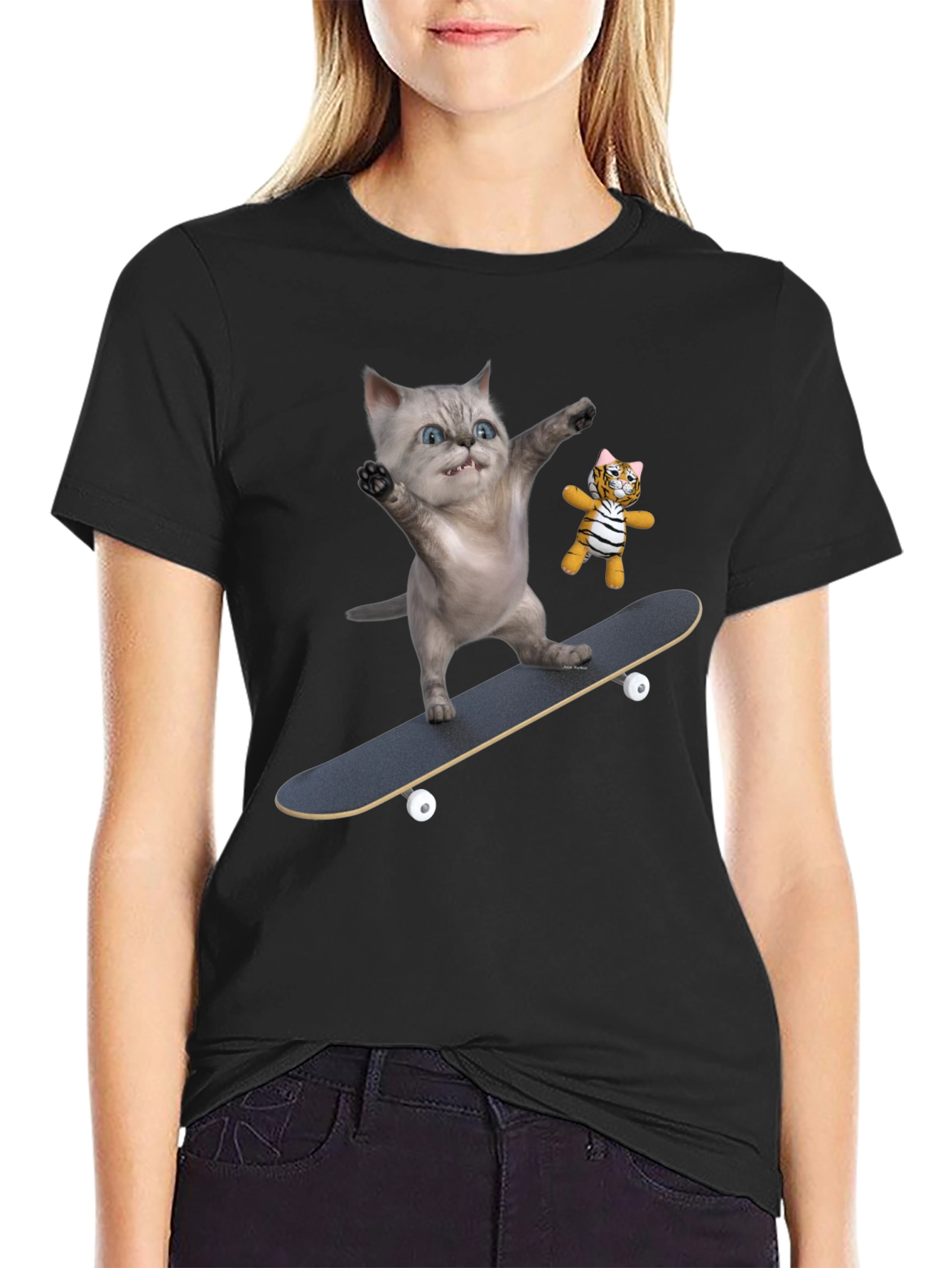 Black Cool Cat Skateboard T-Shirt - Unique Design view 2