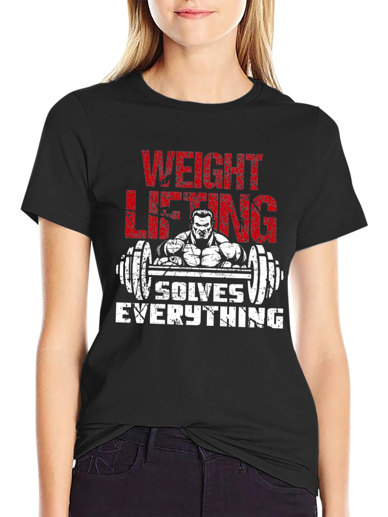 Black Weightlifting Solves Everything Black Graphic Tee view 2