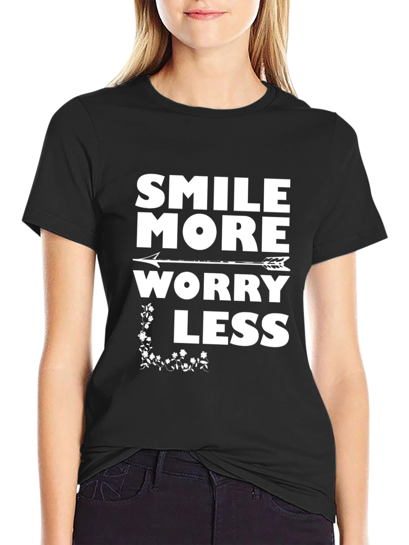 Black Smile More Worry Less Graphic Tee view 2