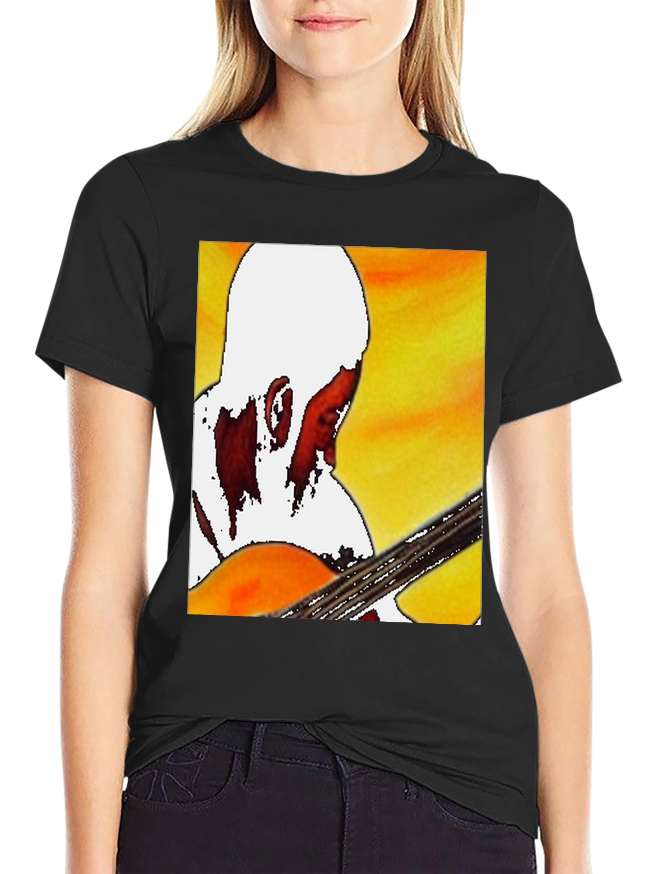 Black Guitar Player Graphic T-Shirt - Classic Crew Neck view 2