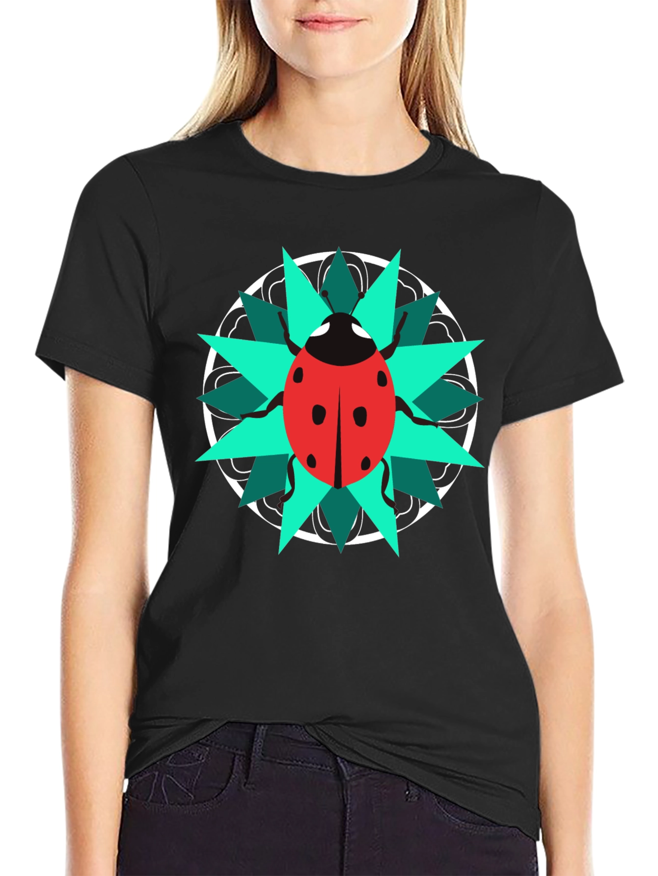 Black Ladybug Mandala Graphic Tee - Stylish Black T-Shirt view 2