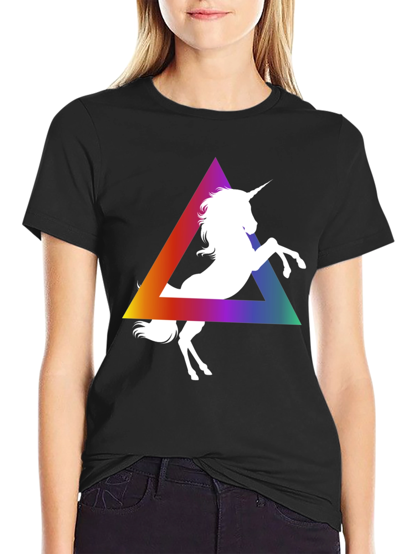 Black Unicorn Rainbow Triangle Graphic Tee - Black Cotton T-Shirt view 2