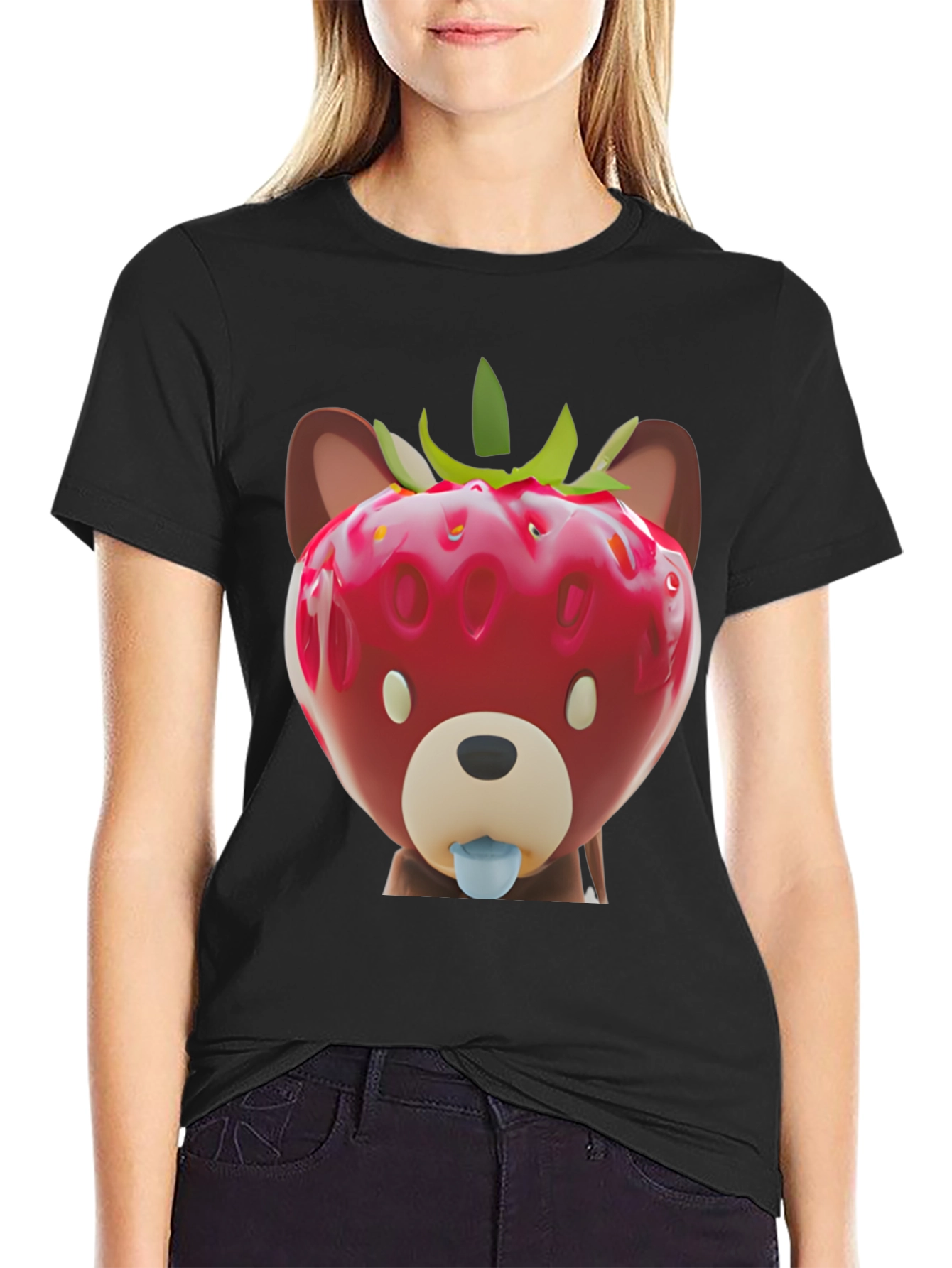 Black Strawberry Bear Graphic Tee - Unique Men's Black T-Shirt view 2
