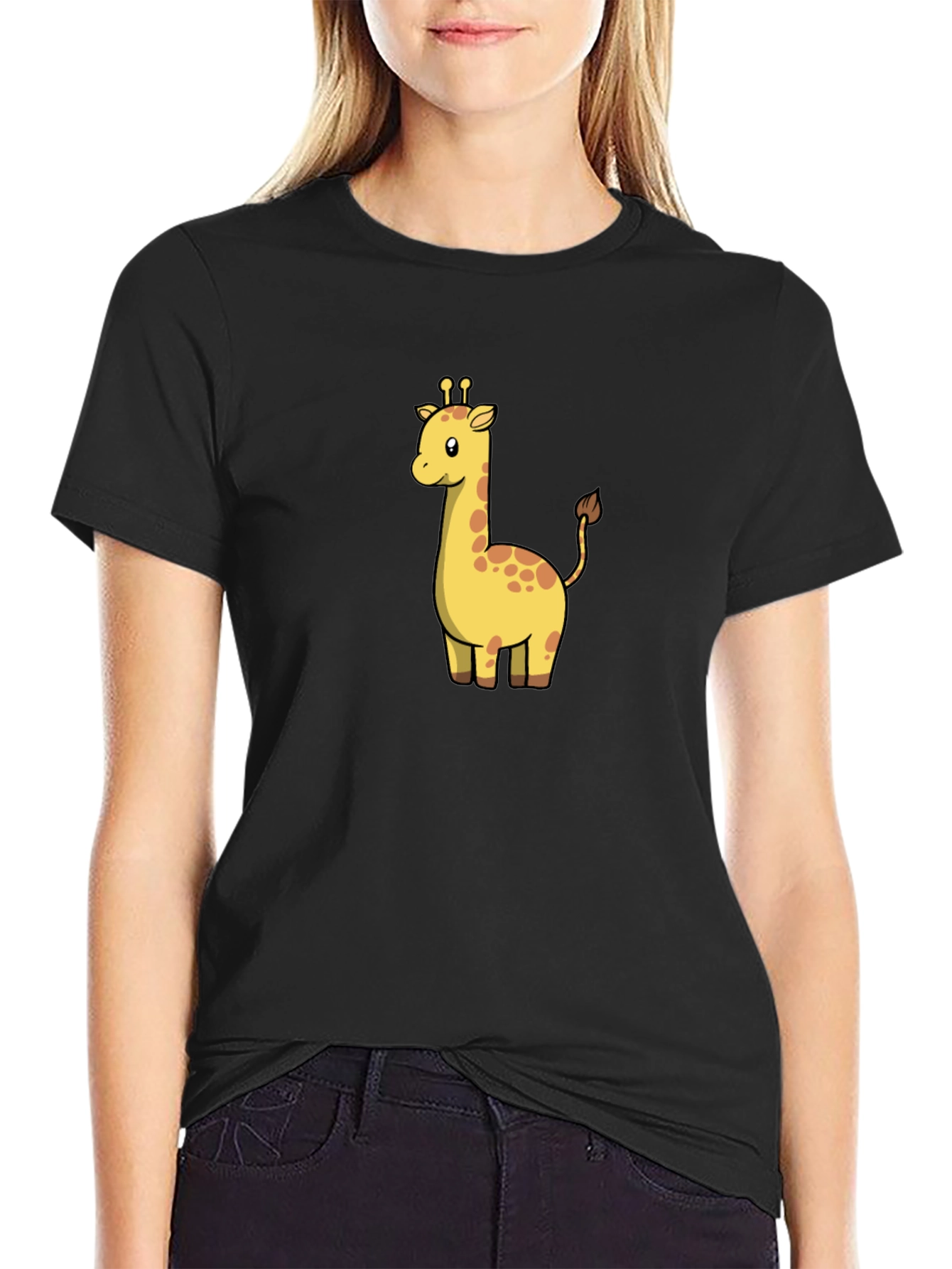 Black Cute Giraffe Graphic Black T-Shirt view 2
