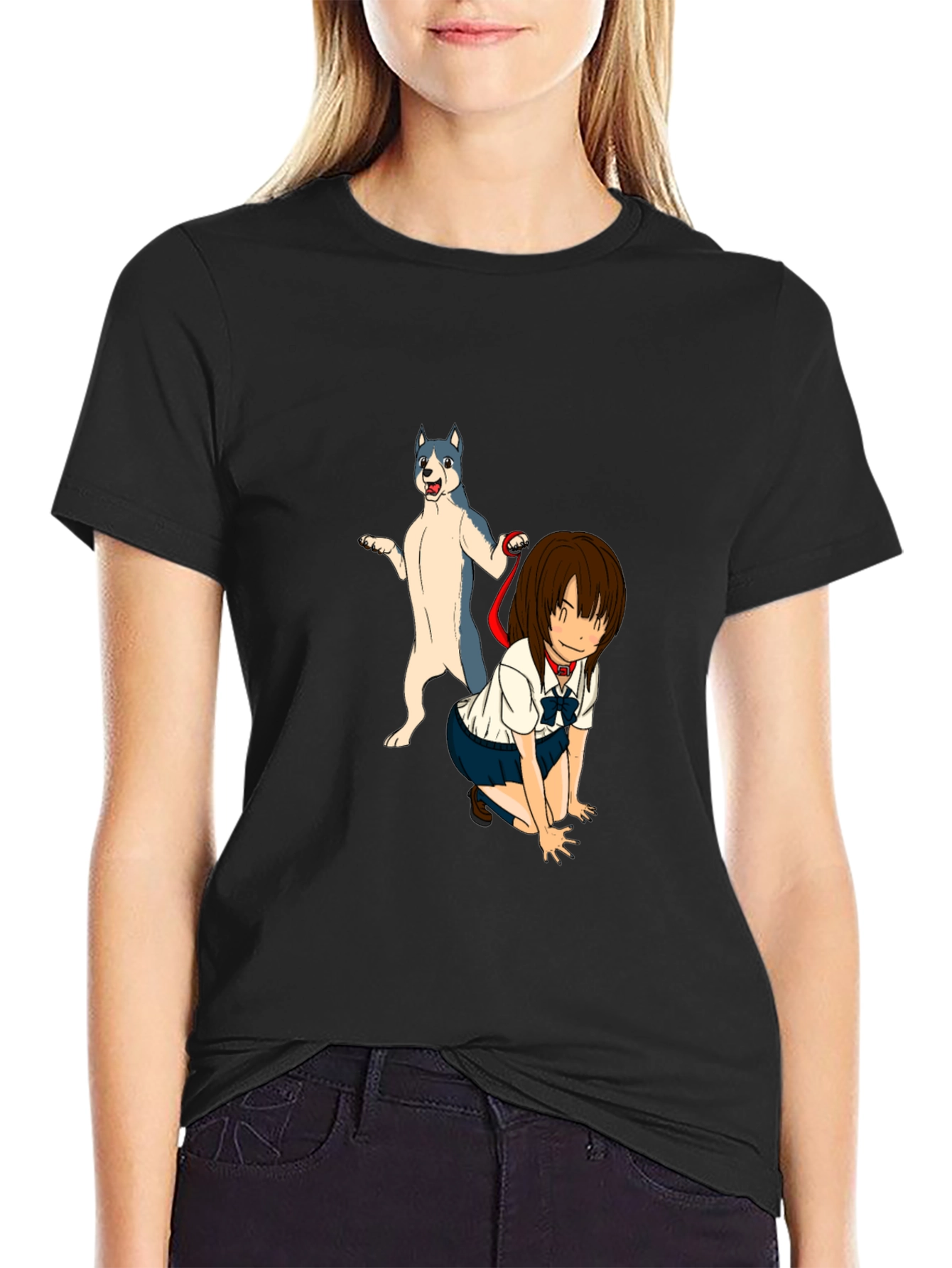 Black Anime Girl & Dog Graphic Black T-Shirt view 2