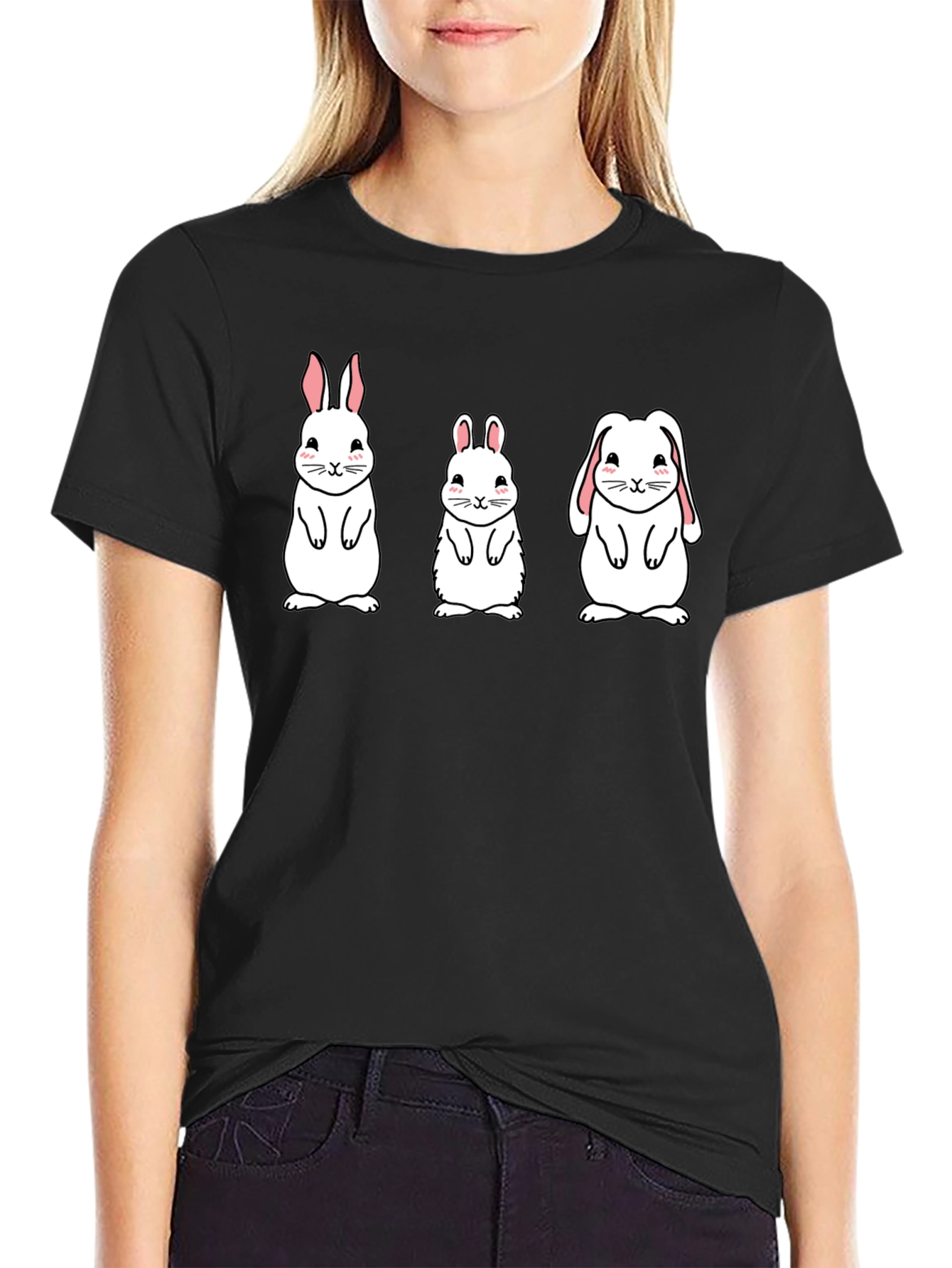 Black Cute Bunny Graphic Tee - Black Cotton Shirt view 2