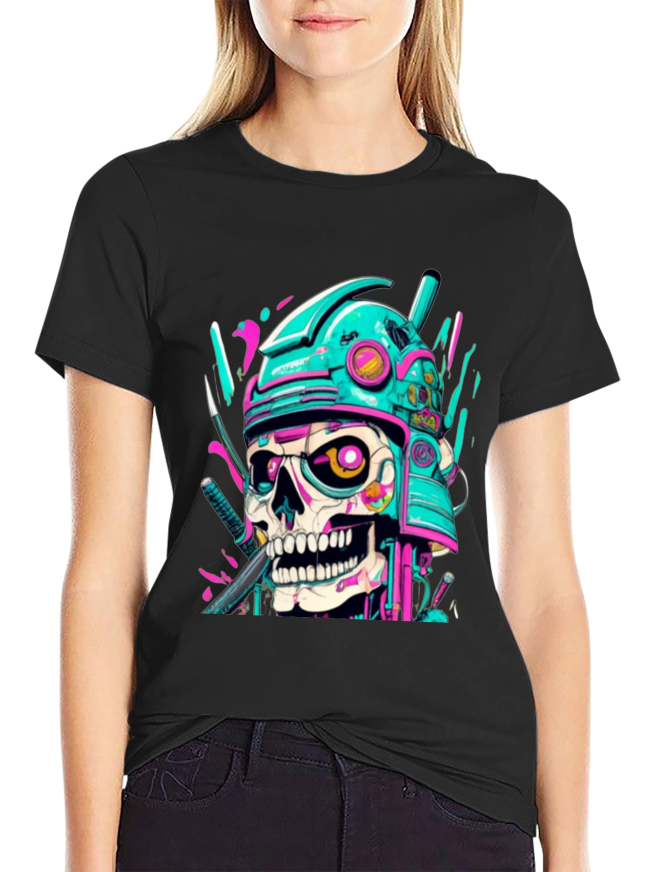 Black Cyberpunk Samurai Skull Graphic Tee - Edgy Fashion view 2
